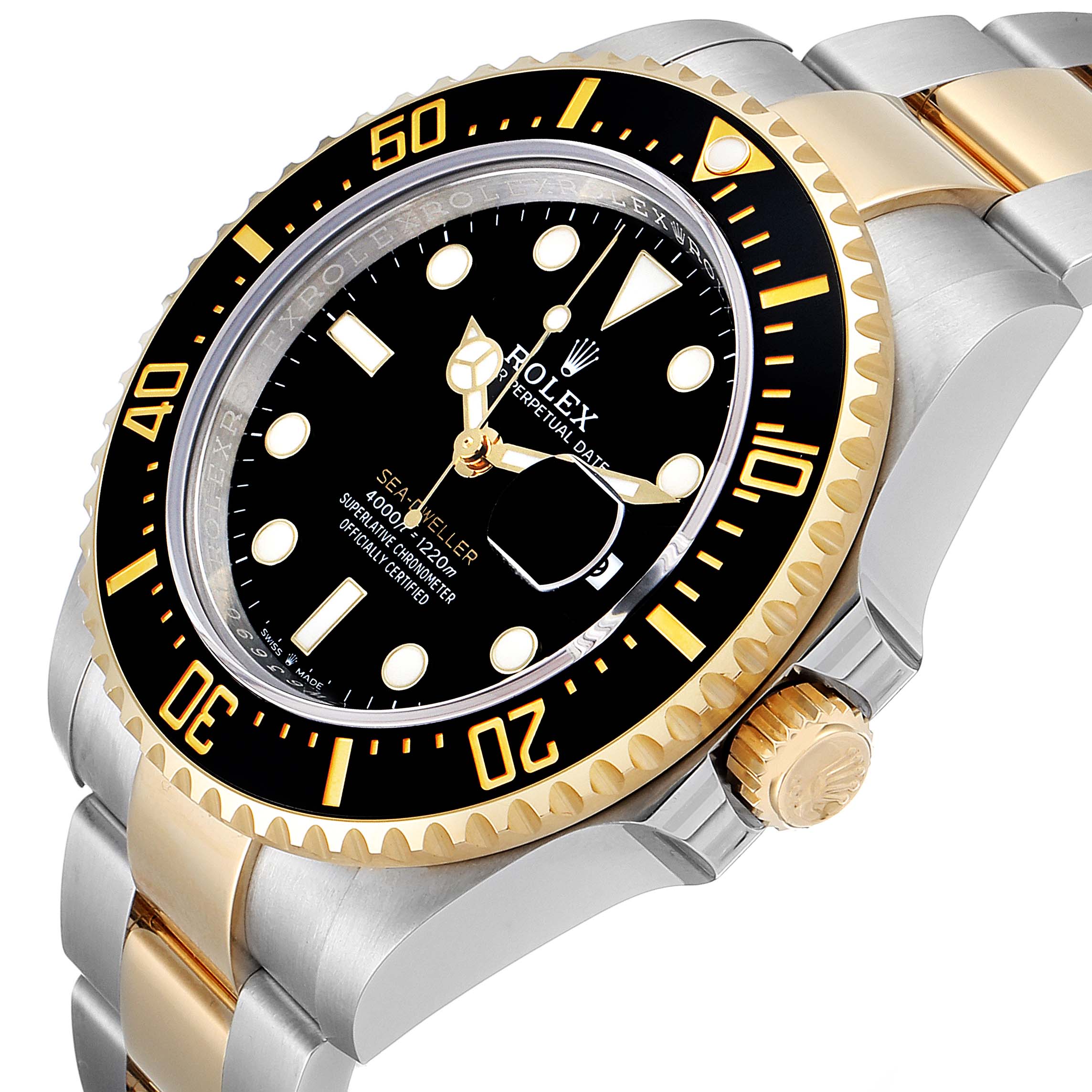 The image shows a close-up angle of the Rolex Sea-Dweller 126603 Men's Steel and Gold (two tone) Black Dial 126603 Men's Steel and Gold (two tone) Black Dial watch, highlighting the face, bezel, and part of the bracelet.