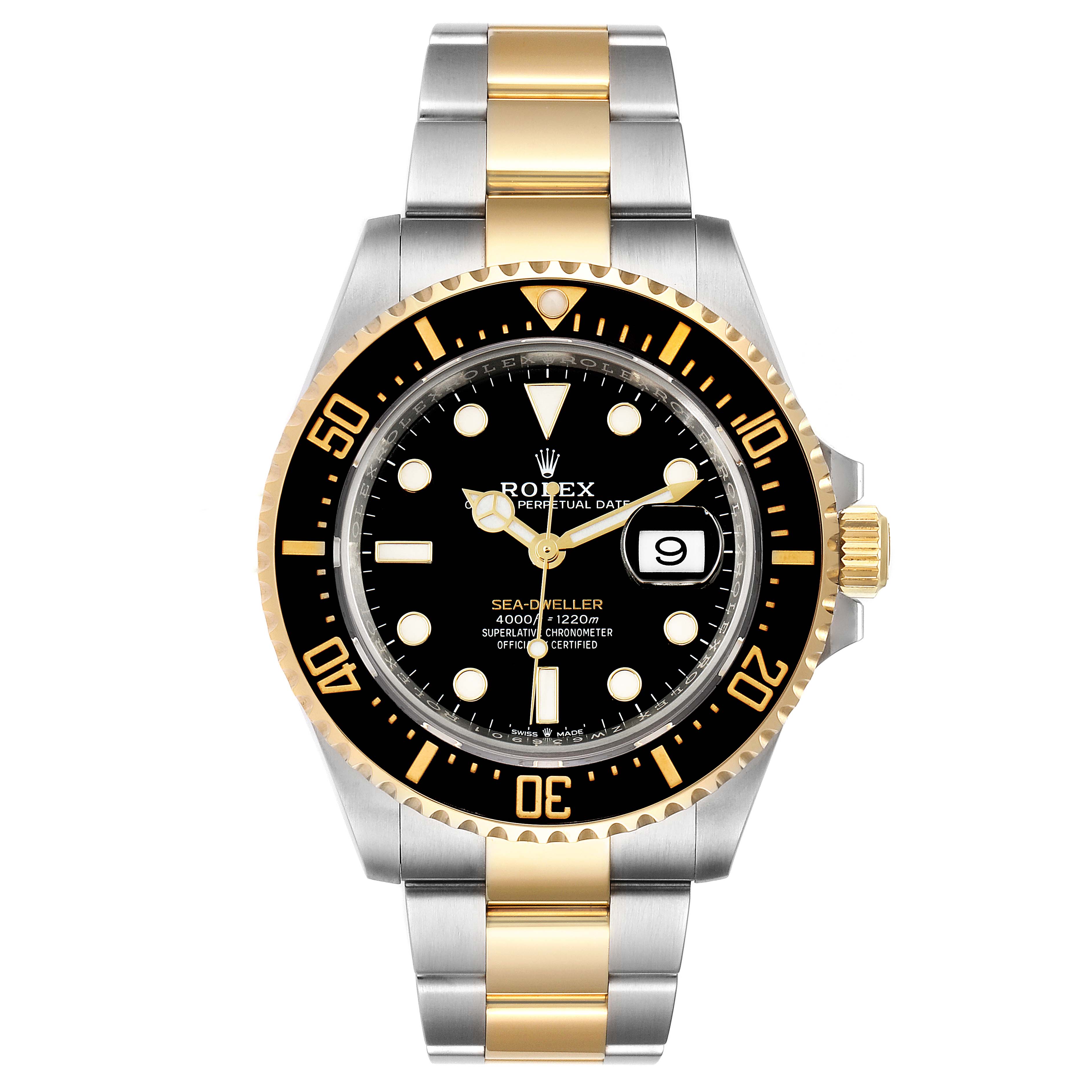 The image shows a front view of a Rolex Sea-Dweller 126603 Men's Steel and Gold (two tone) Black Dial 126603 Men's Steel and Gold (two tone) Black Dial watch, highlighting the bezel, dial, hands, date window, and two-tone bracelet.