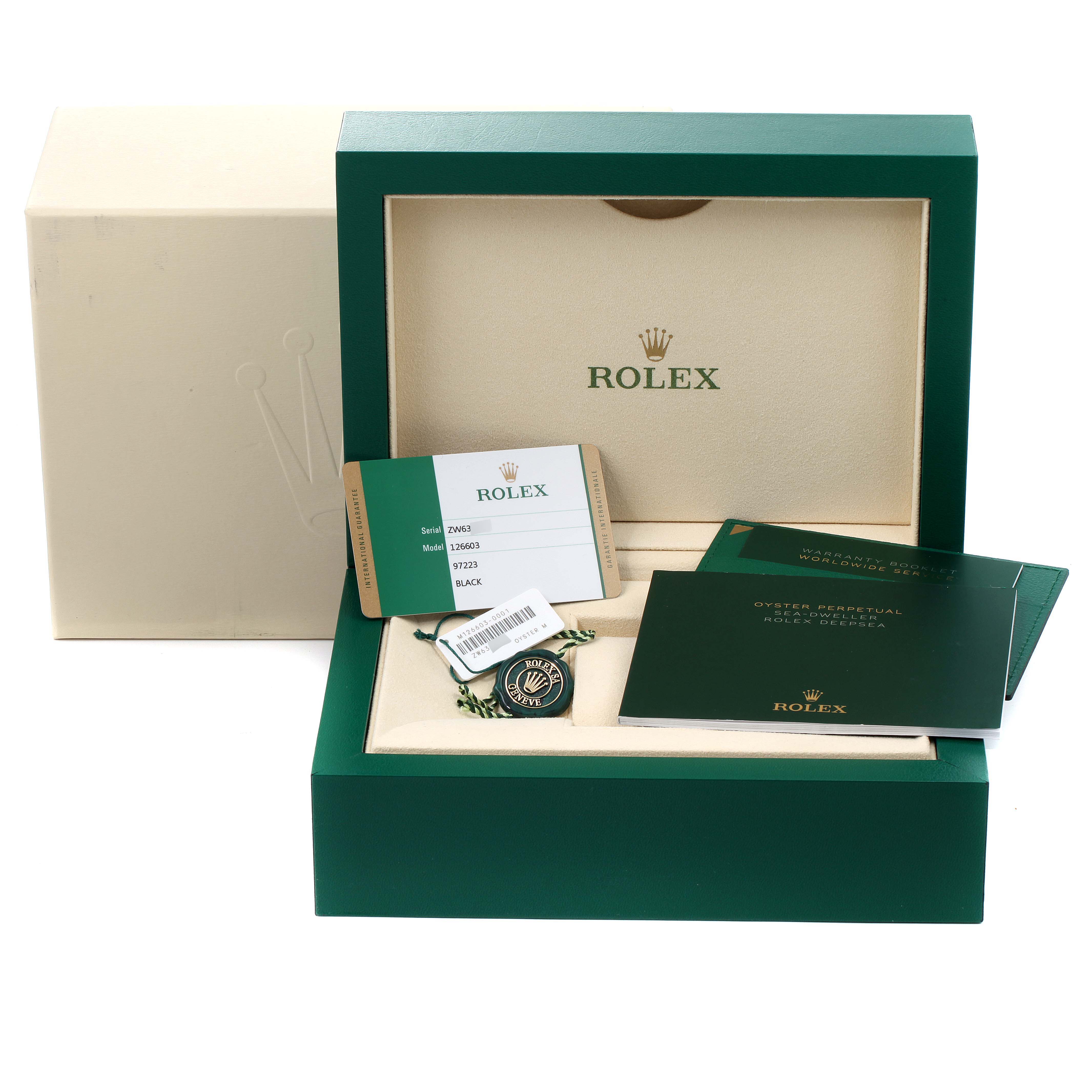 The image shows a Rolex Sea-Dweller 126603 Men's Steel and Gold (two tone) Black Dial 126603 Men's Steel and Gold (two tone) Black Dial watch box, warranty card, tags, and manuals viewed from the front.