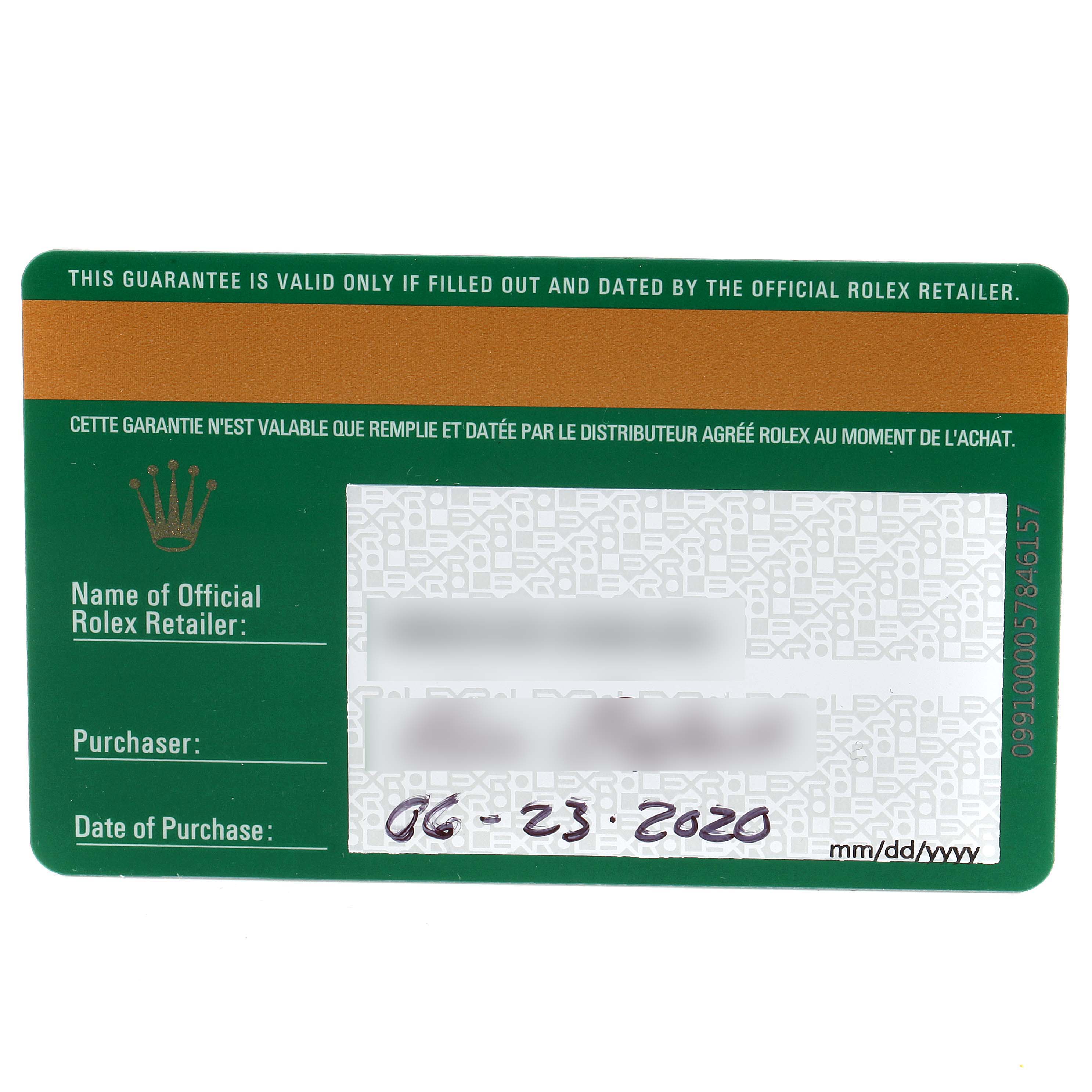 The image shows the official guarantee card for the Rolex Sea-Dweller 126603 Men's Steel and Gold (two tone) Black Dial 126603 Men's Steel and Gold (two tone) Black Dial model, dated 06-23-2020.