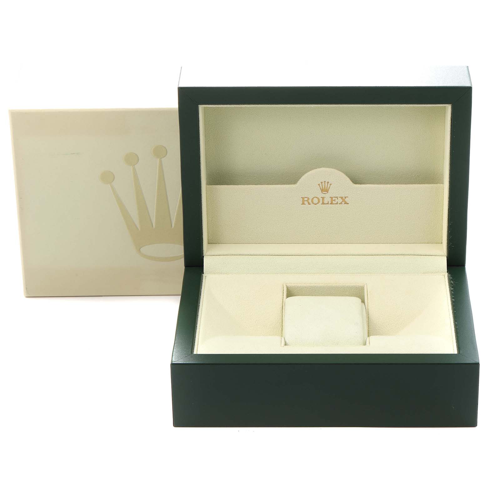 The image shows a Rolex Sky-Dweller 336239-0002 Men's White Gold Black Dial 336239-0002 Men's White Gold Black Dial watch box, featuring an open box with green and beige velvet lining and a space for the watch.