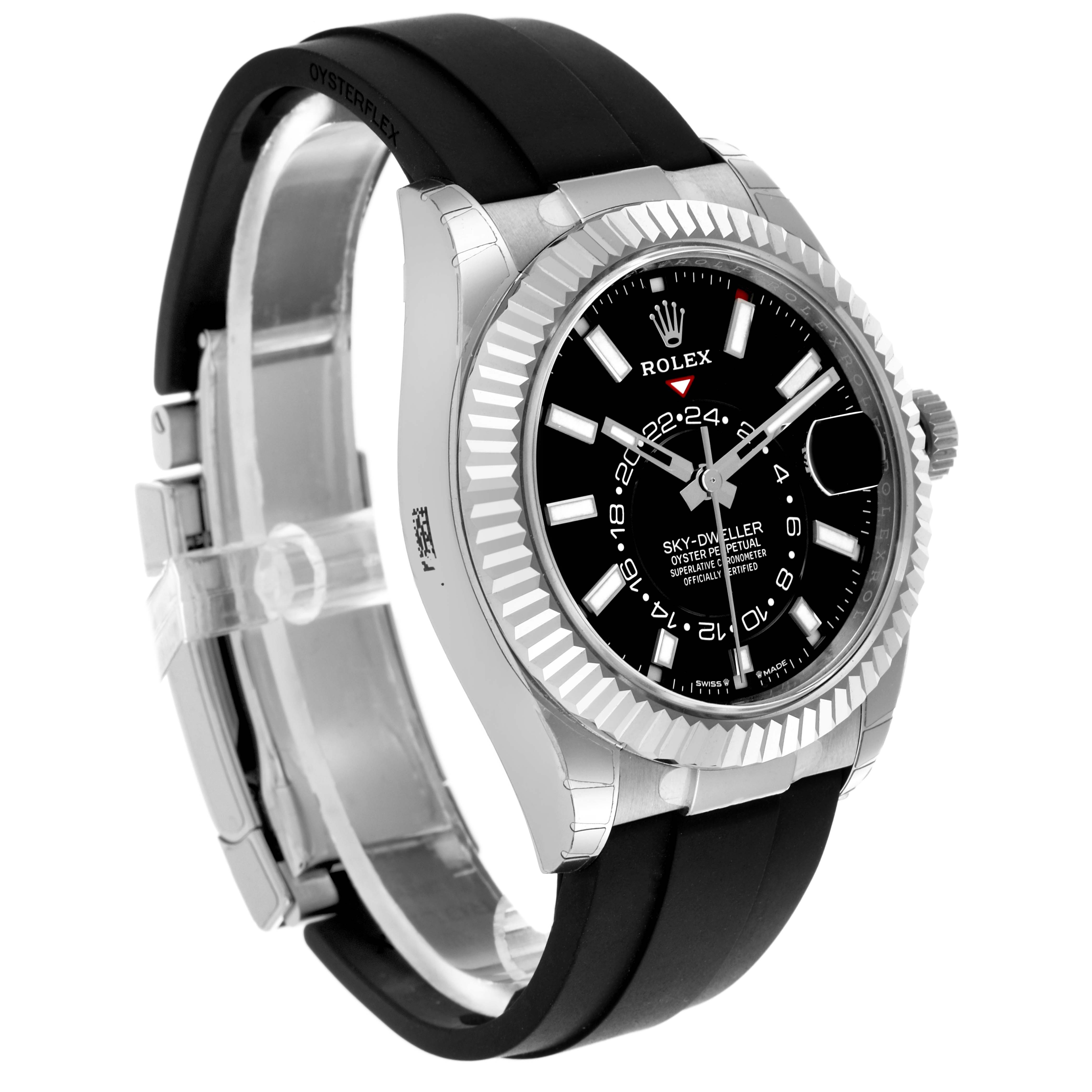 The Rolex Sky-Dweller 336239-0002 Men's White Gold Black Dial 336239-0002 Men's White Gold Black Dial watch is shown at a three-quarter angle, highlighting the bezel, dial, and rubber strap.