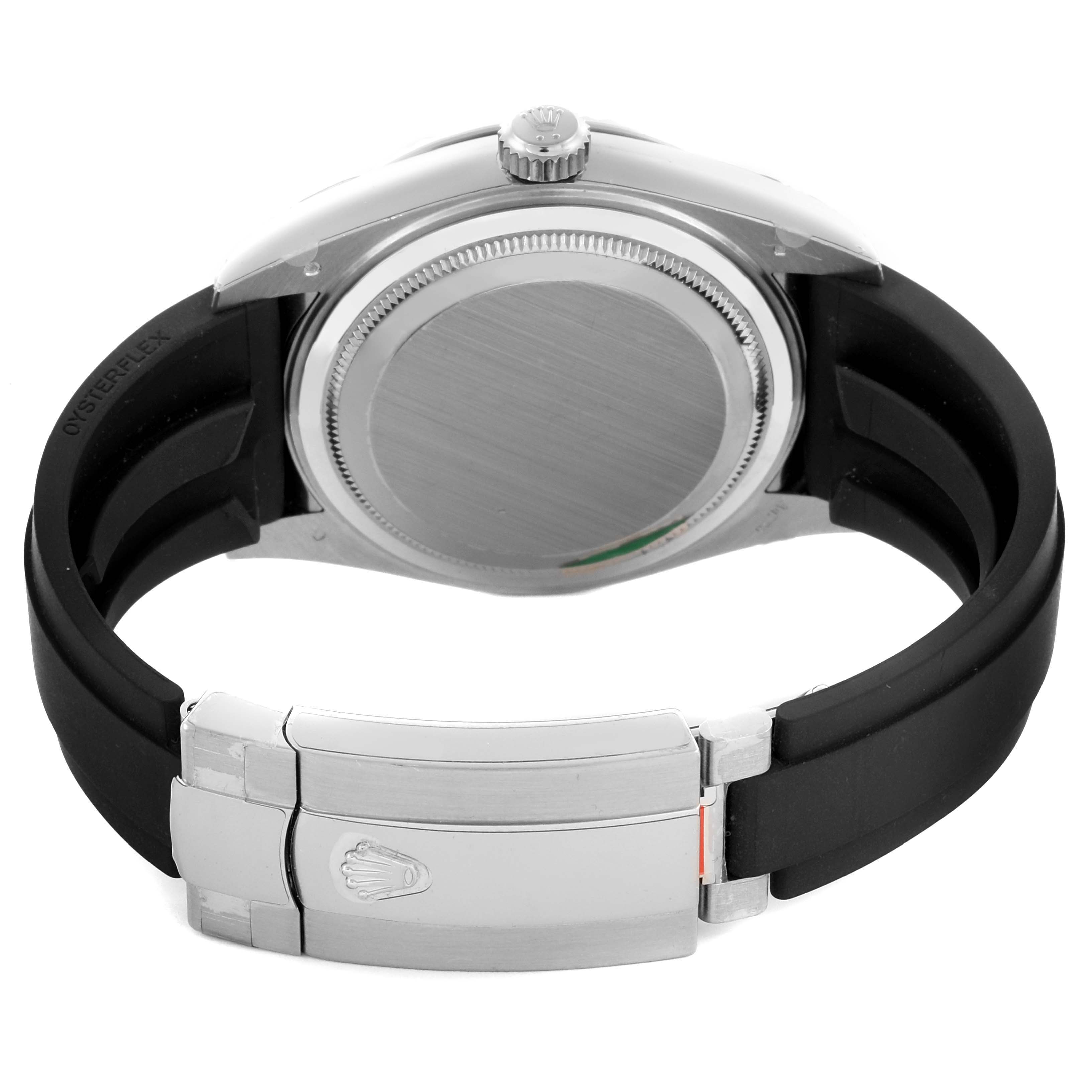 The image shows the back view of the Rolex Sky-Dweller 336239-0002 Men's White Gold Black Dial 336239-0002 Men's White Gold Black Dial, highlighting the case back and the black Oysterflex strap with clasp.