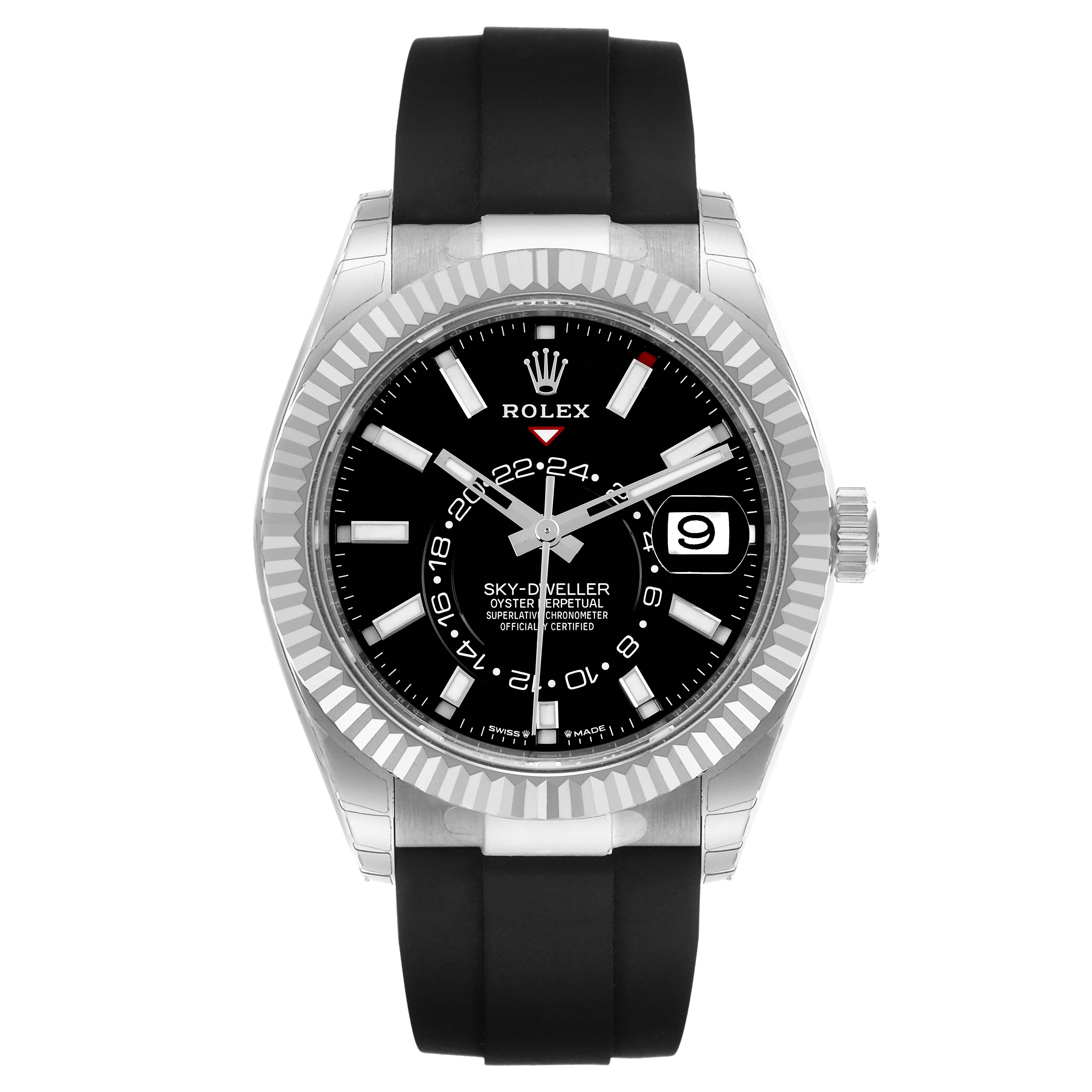 The Rolex Sky-Dweller 336239-0002 Men's White Gold Black Dial 336239-0002 Men's White Gold Black Dial watch is shown from the front, displaying the dial, bezel, case, crown, and strap.