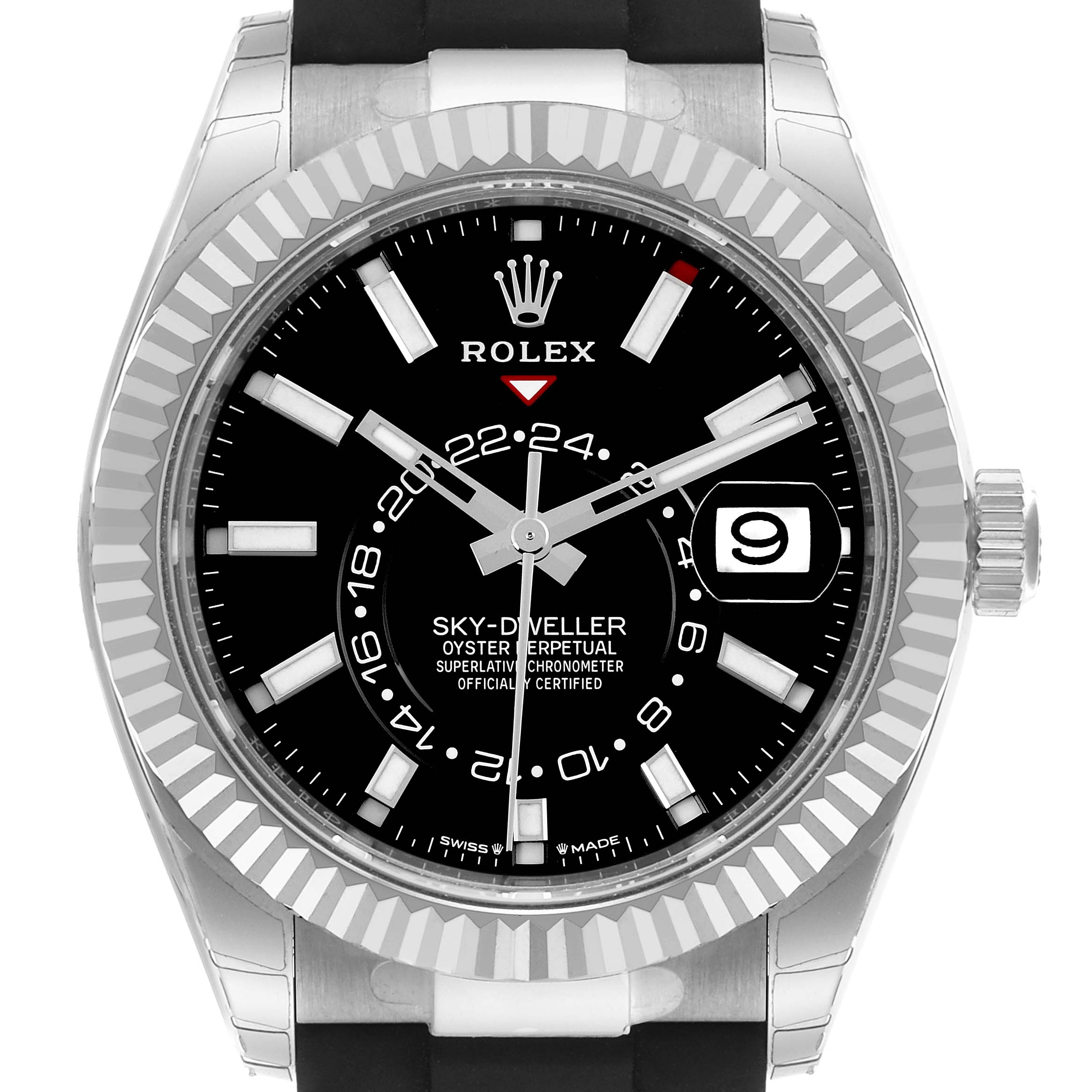 The Rolex Sky-Dweller 336239-0002 Men's White Gold Black Dial 336239-0002 Men's White Gold Black Dial watch is shown from a front angle, displaying its black dial, fluted bezel, and date window.