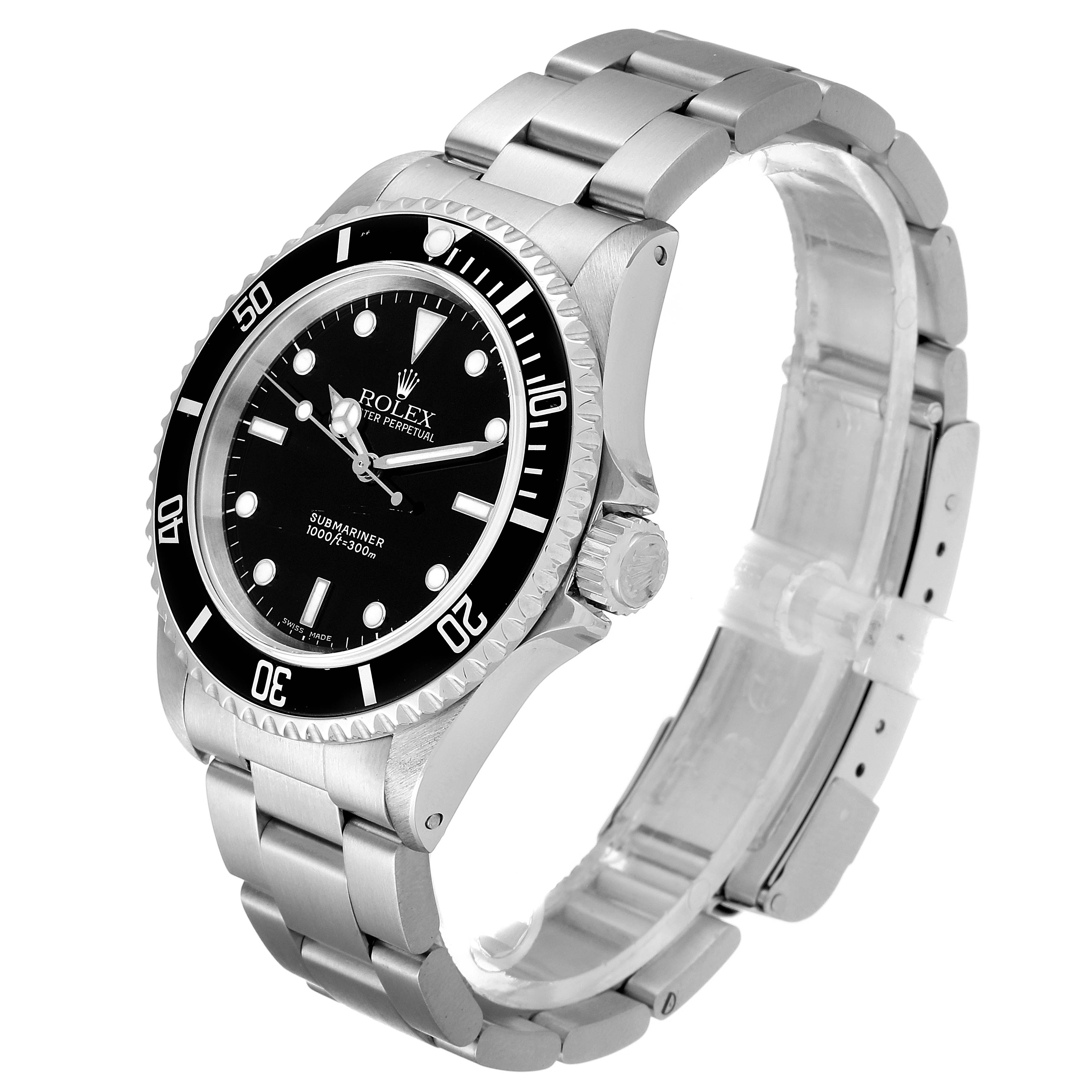 The image shows a side and front angle of a Rolex Submariner 14060M Men
s Stainless Steel Black Dial 14060M Men
s Stainless Steel Black Dial watch, highlighting its bezel, crown, and bracelet.