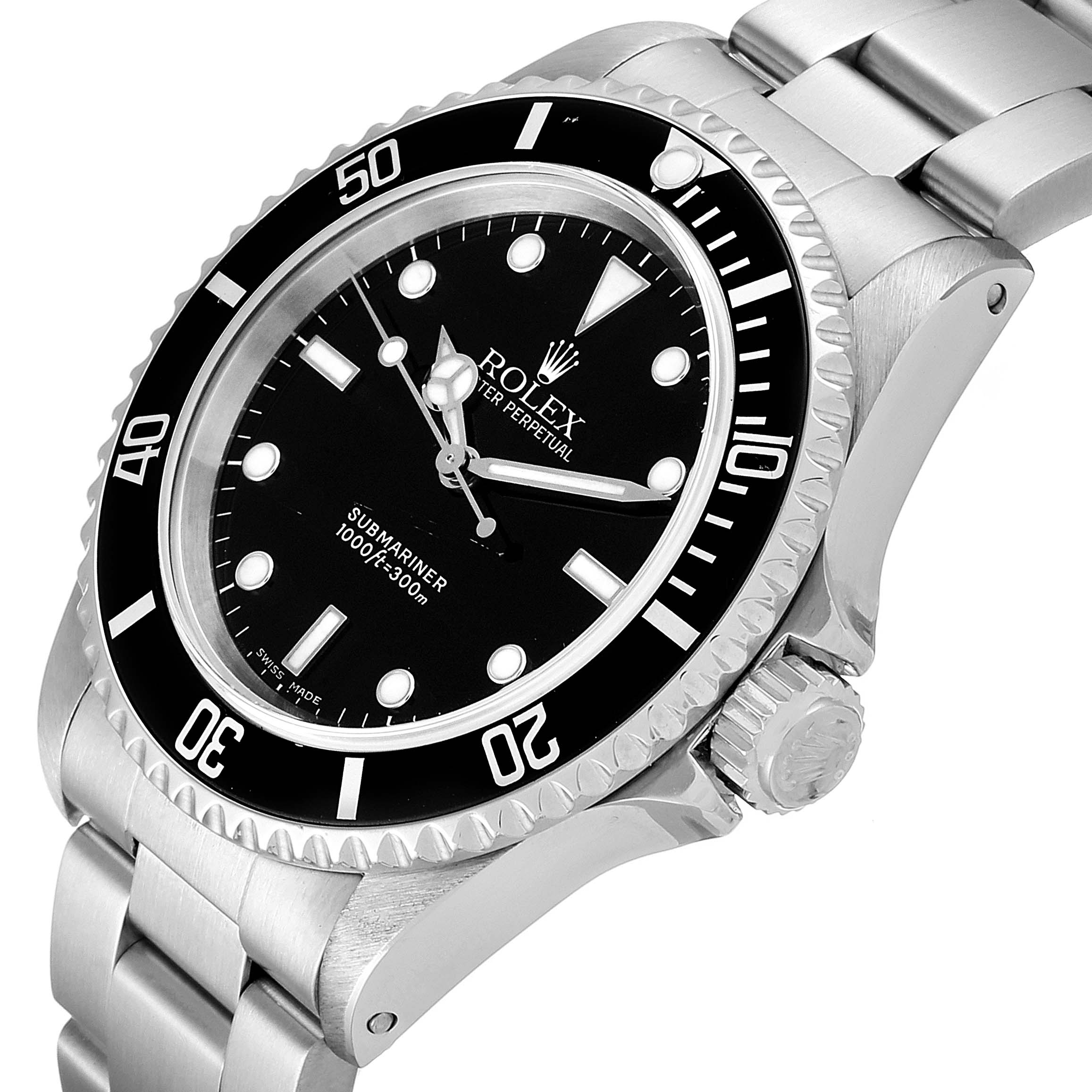 The image shows a Rolex Submariner 14060M Men
s Stainless Steel Black Dial 14060M Men
s Stainless Steel Black Dial watch at a slight angle, highlighting the bezel, crown, dial, and stainless steel bracelet.