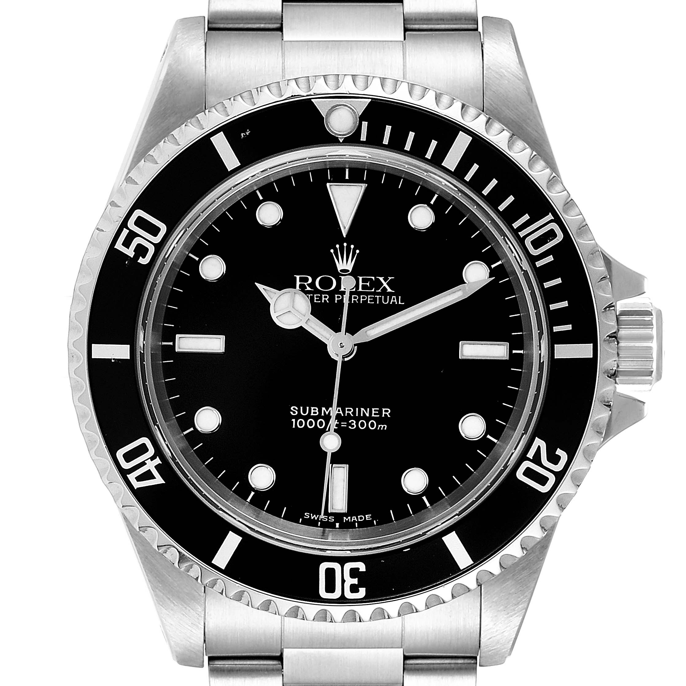 The image shows a front view of the Rolex Submariner 14060M Men
s Stainless Steel Black Dial 14060M Men
s Stainless Steel Black Dial watch, displaying its dial, bezel, and part of the metal bracelet.
