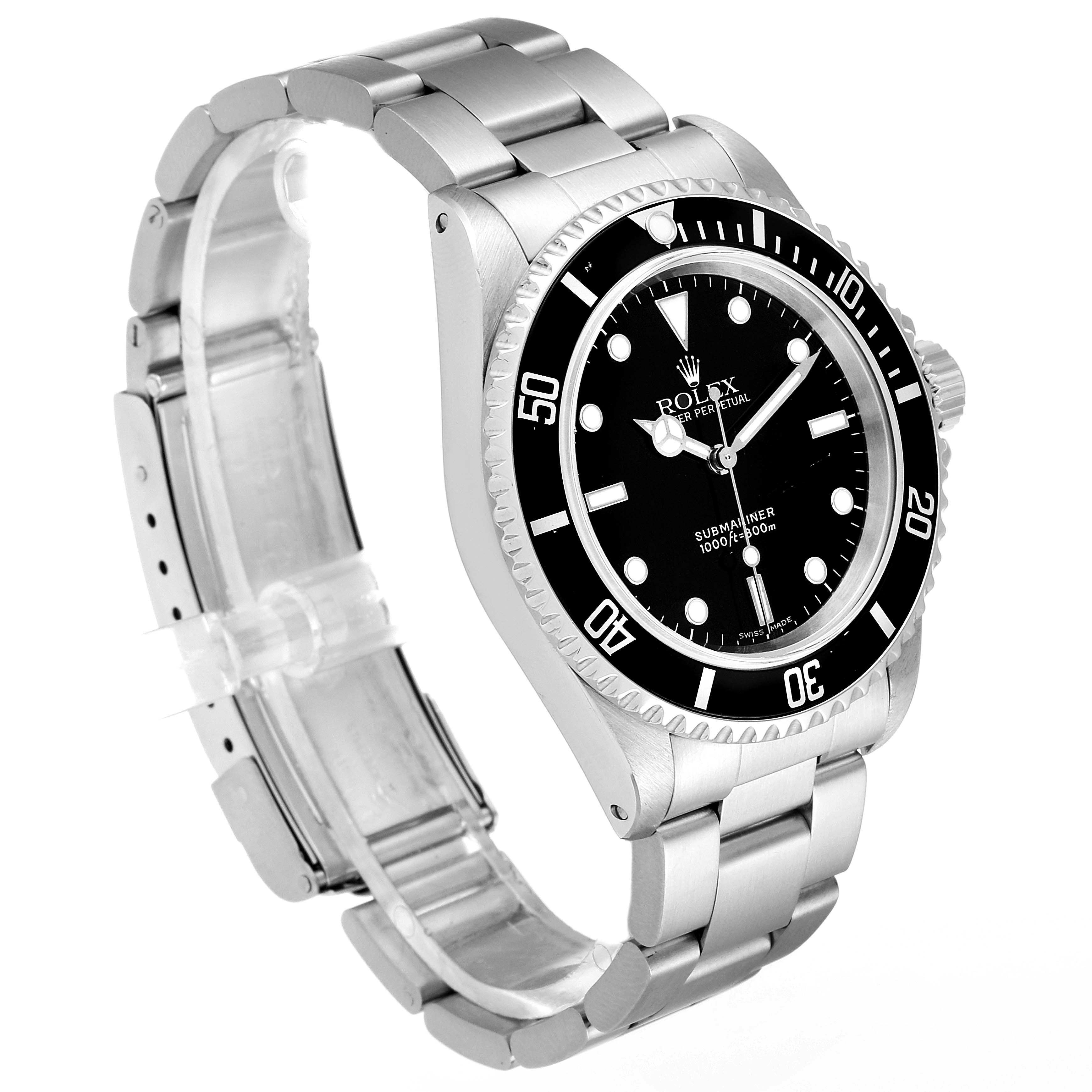 The image shows a side angle view of the Rolex Submariner 14060M Men
s Stainless Steel Black Dial 14060M Men
s Stainless Steel Black Dial, highlighting its face, bezel, and bracelet.