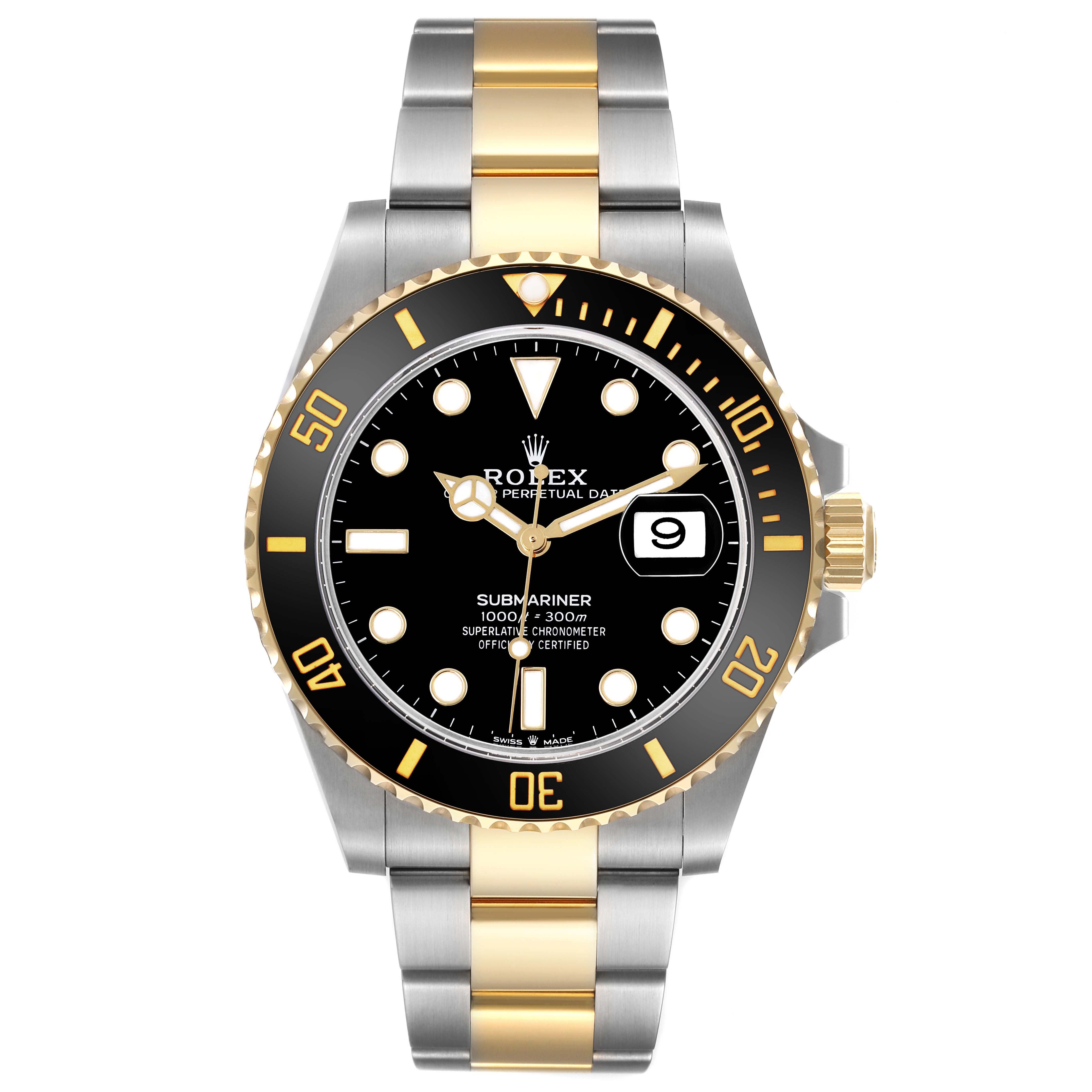 The Rolex Submariner 126613 Men's Steel and Gold (two tone) Black Dial 126613 Men's Steel and Gold (two tone) Black Dial watch is shown from the front, displaying the dial, bezel, and bracelet.