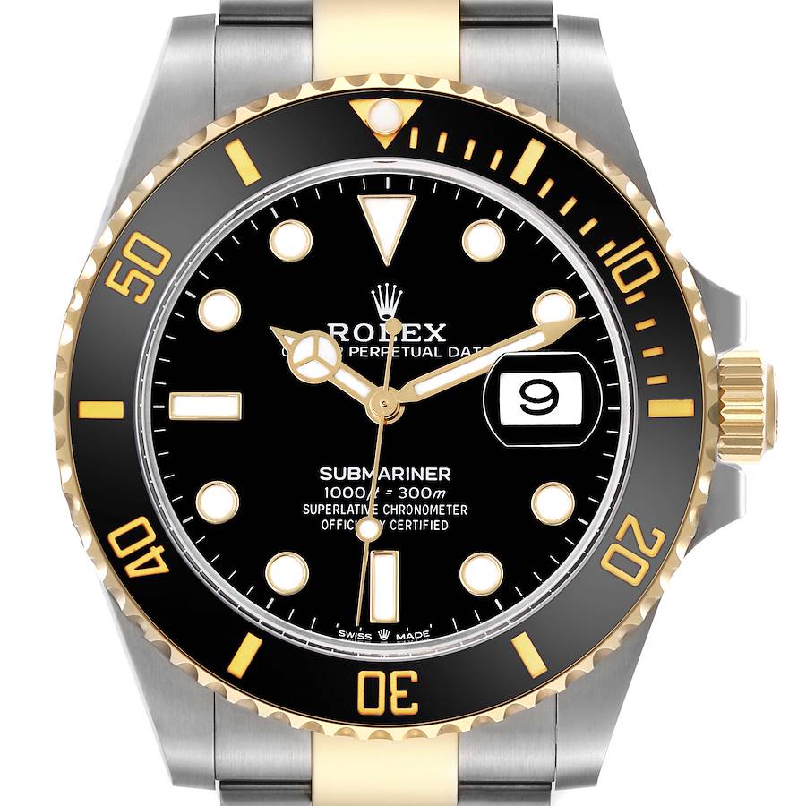 The Rolex Submariner watch is shown from the front, highlighting the bezel, dial, and date window.