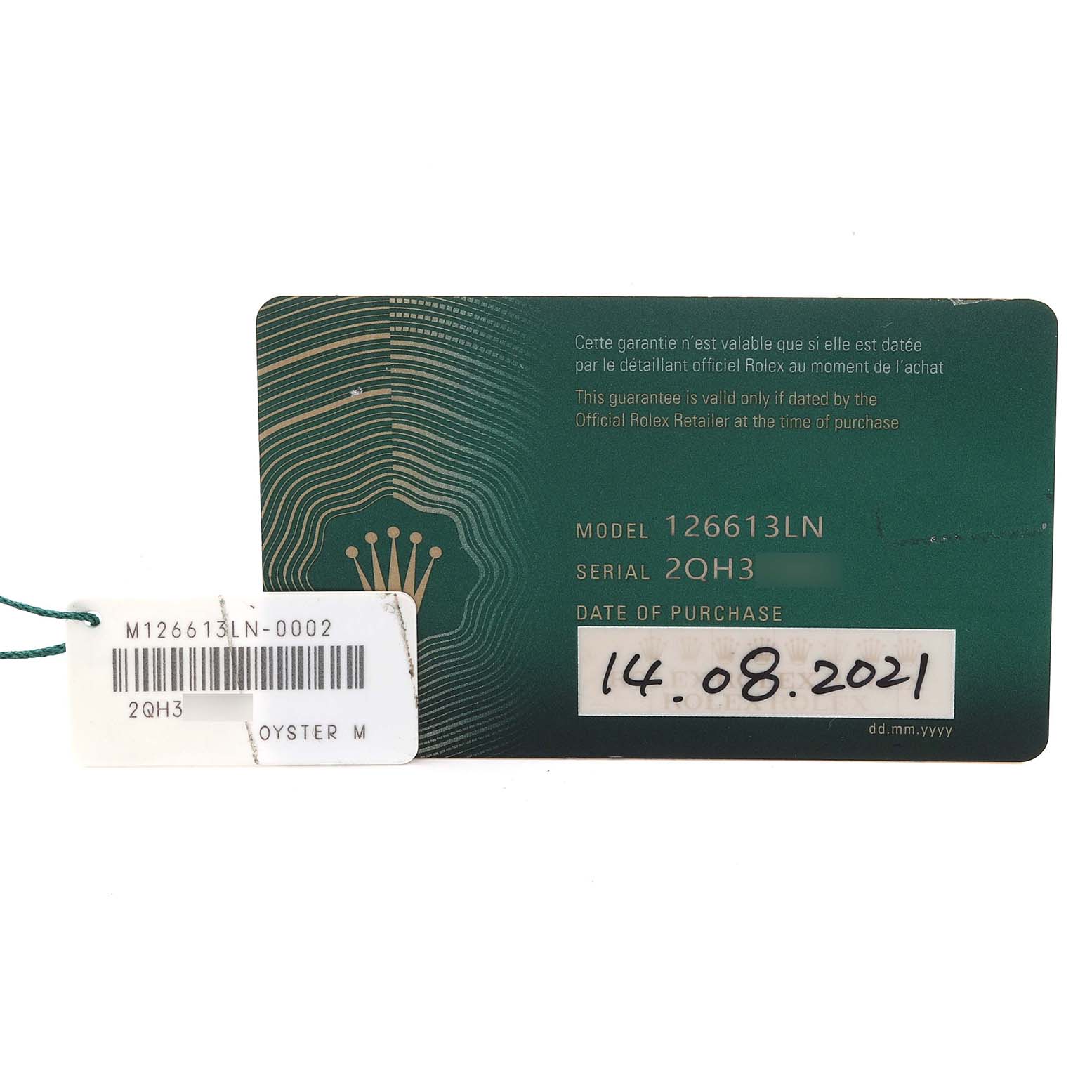 The image shows a Rolex Submariner 126613 Men's Steel and Gold (two tone) Black Dial 126613 Men's Steel and Gold (two tone) Black Dial warranty card and hang tag with model 126613LN and purchase date.