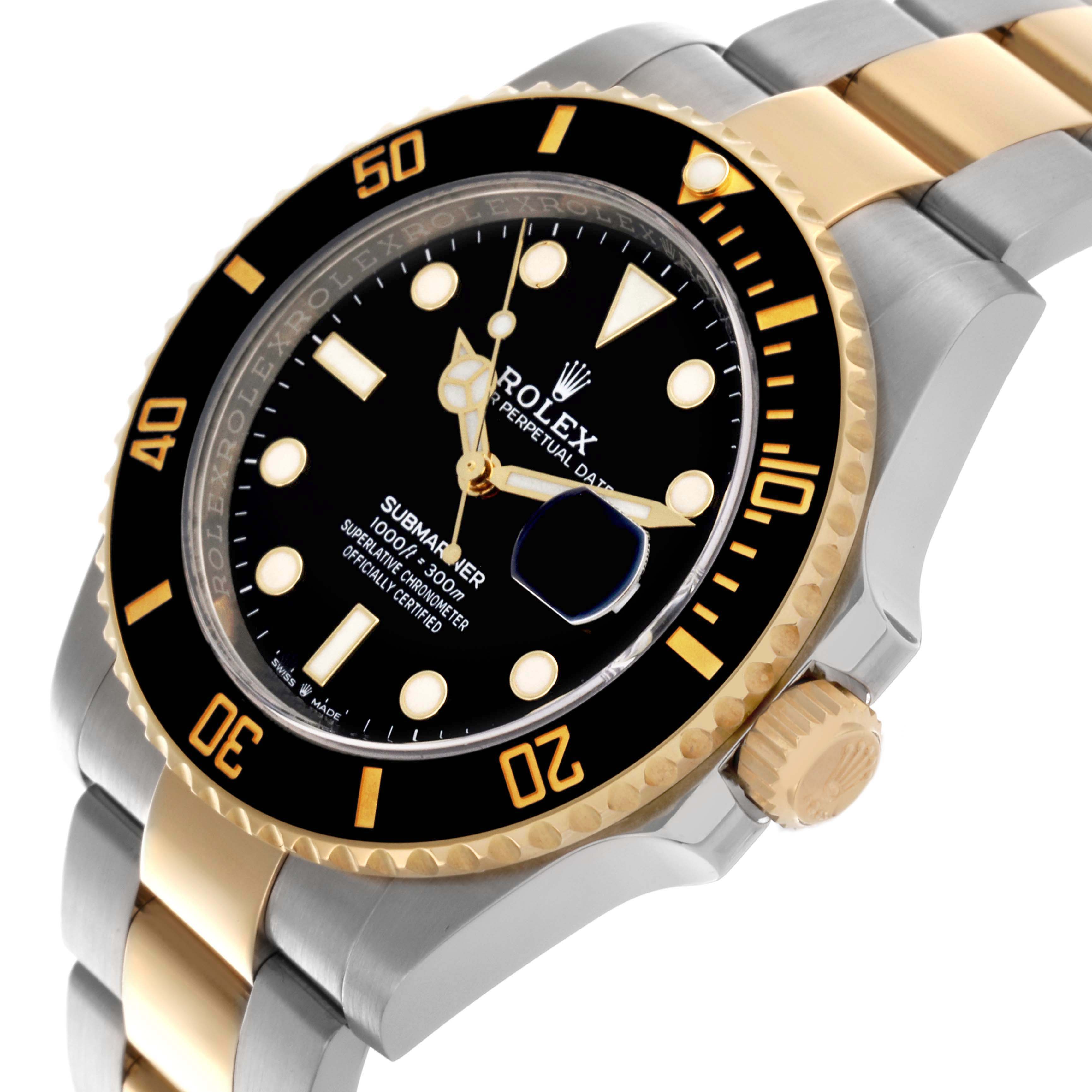 The Rolex Submariner 126613 Men's Steel and Gold (two tone) Black Dial 126613 Men's Steel and Gold (two tone) Black Dial watch is shown at an angled view, highlighting the face, two-tone bezel, crown, and bracelet.