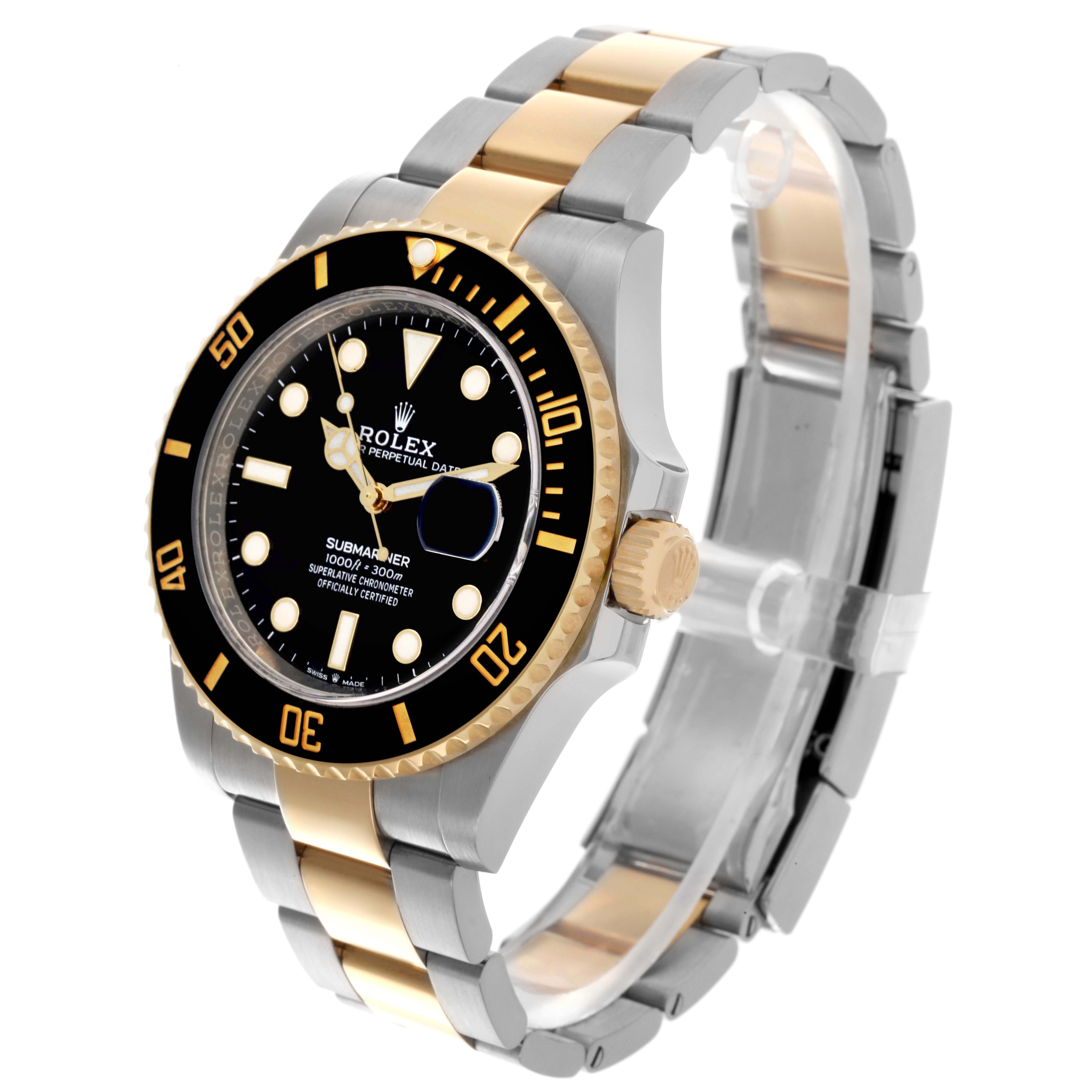 The Rolex Submariner 126613 Men's Steel and Gold (two tone) Black Dial 126613 Men's Steel and Gold (two tone) Black Dial watch is shown at a three-quarter angle, displaying the black dial, gold bezel, and two-tone bracelet.