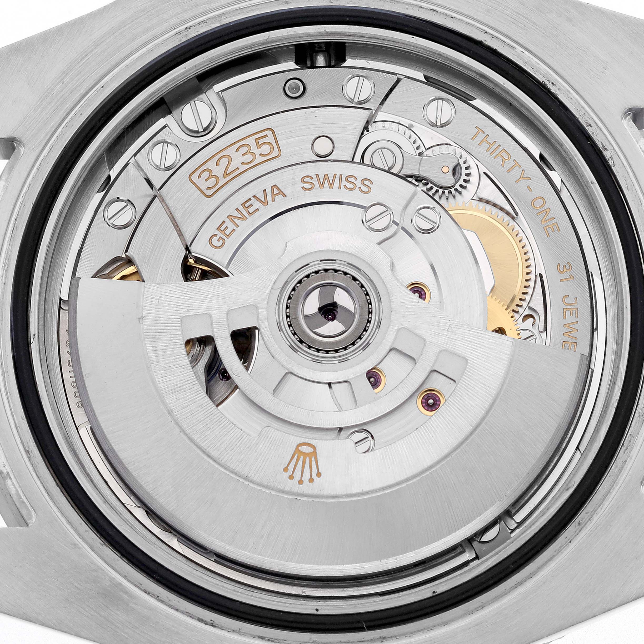 The image shows the movement of a Rolex Submariner 126610 Men's Stainless Steel Black Dial 126610 Men's Stainless Steel Black Dial watch, specifically the Caliber 3235 mechanism, viewed from the back.