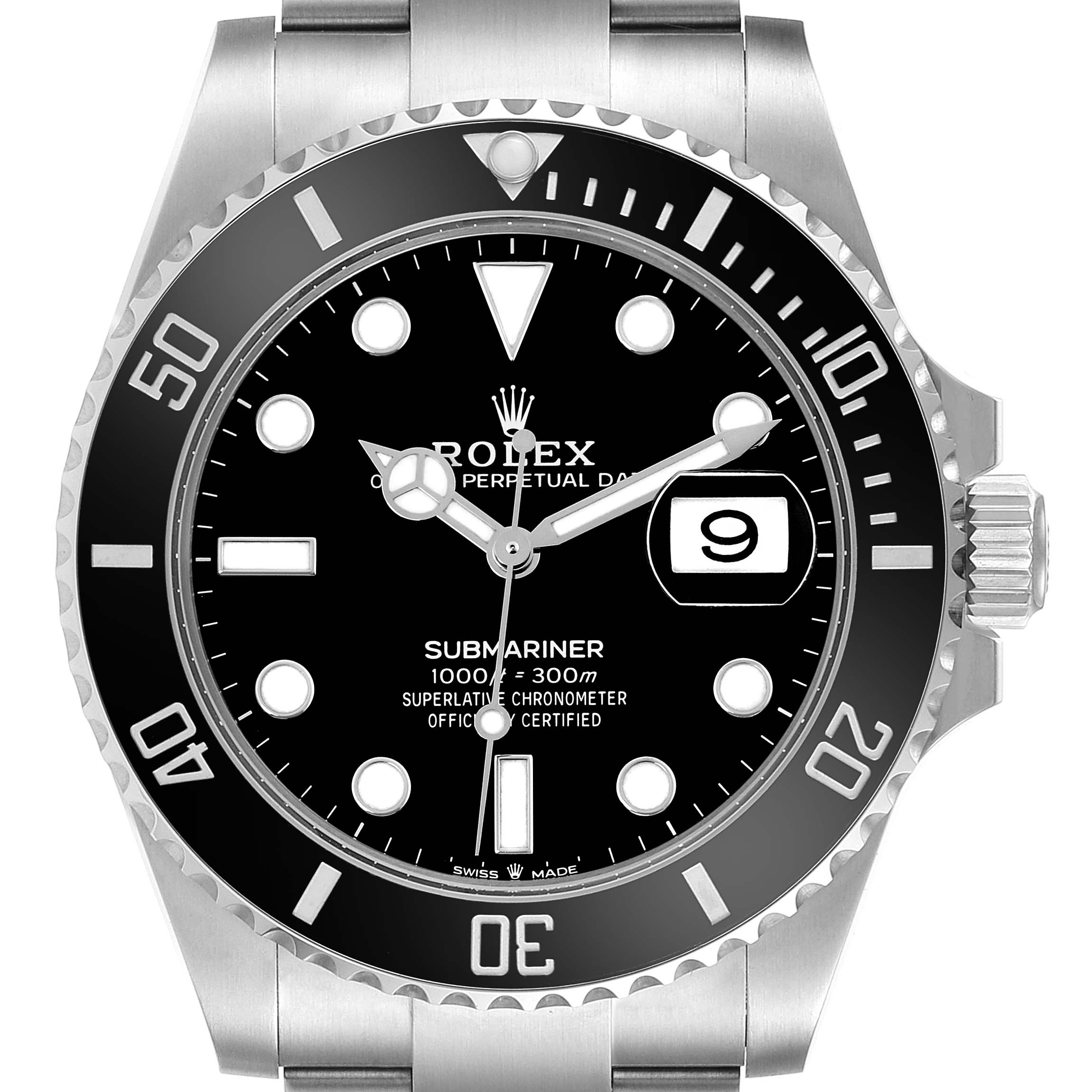 The Rolex Submariner 126610 Men's Stainless Steel Black Dial 126610 Men's Stainless Steel Black Dial watch is shown from the front, highlighting the dial, bezel, crown, and bracelet.