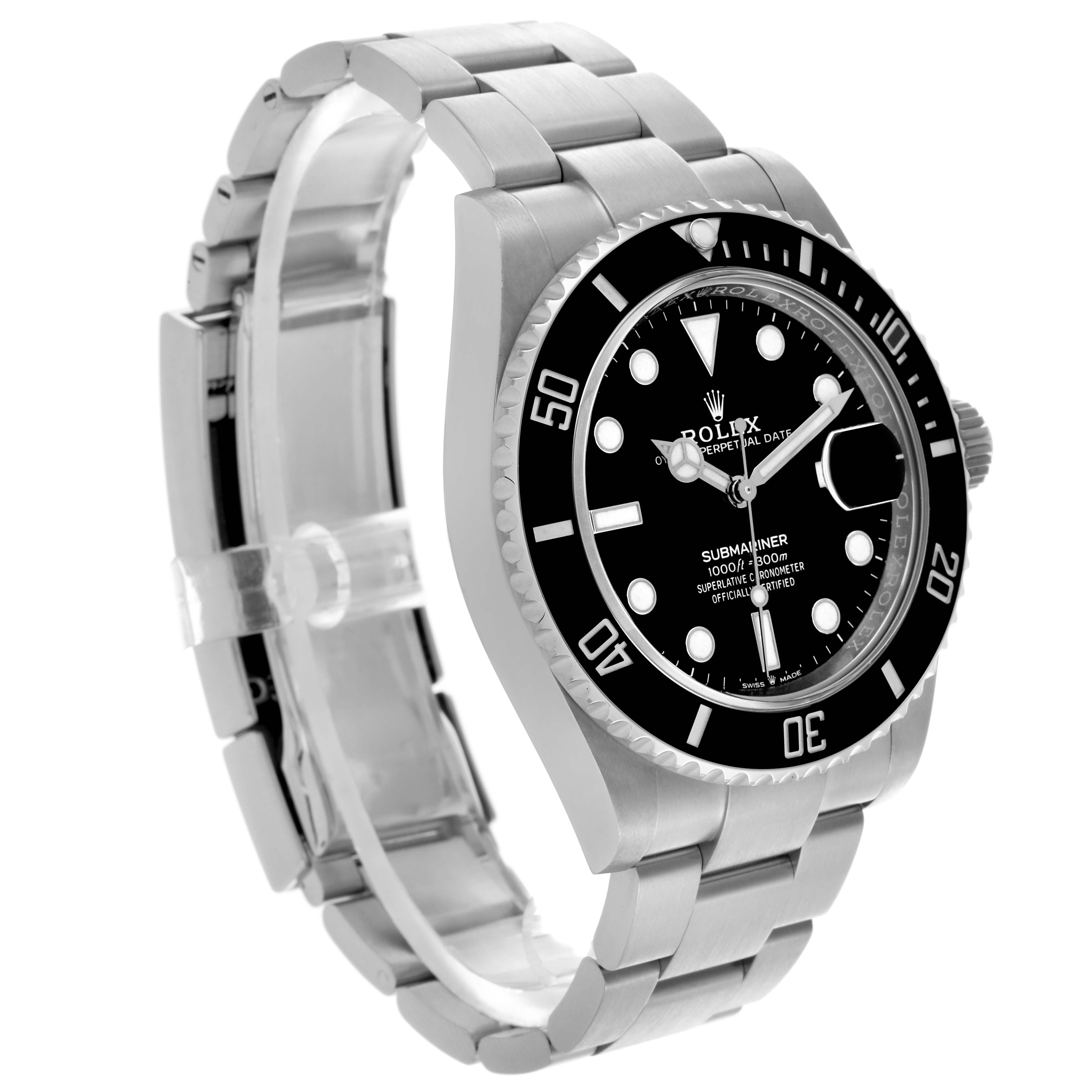 The Rolex Submariner 126610 Men's Stainless Steel Black Dial 126610 Men's Stainless Steel Black Dial watch is shown at a three-quarter angle, highlighting the bezel, dial, and bracelet.