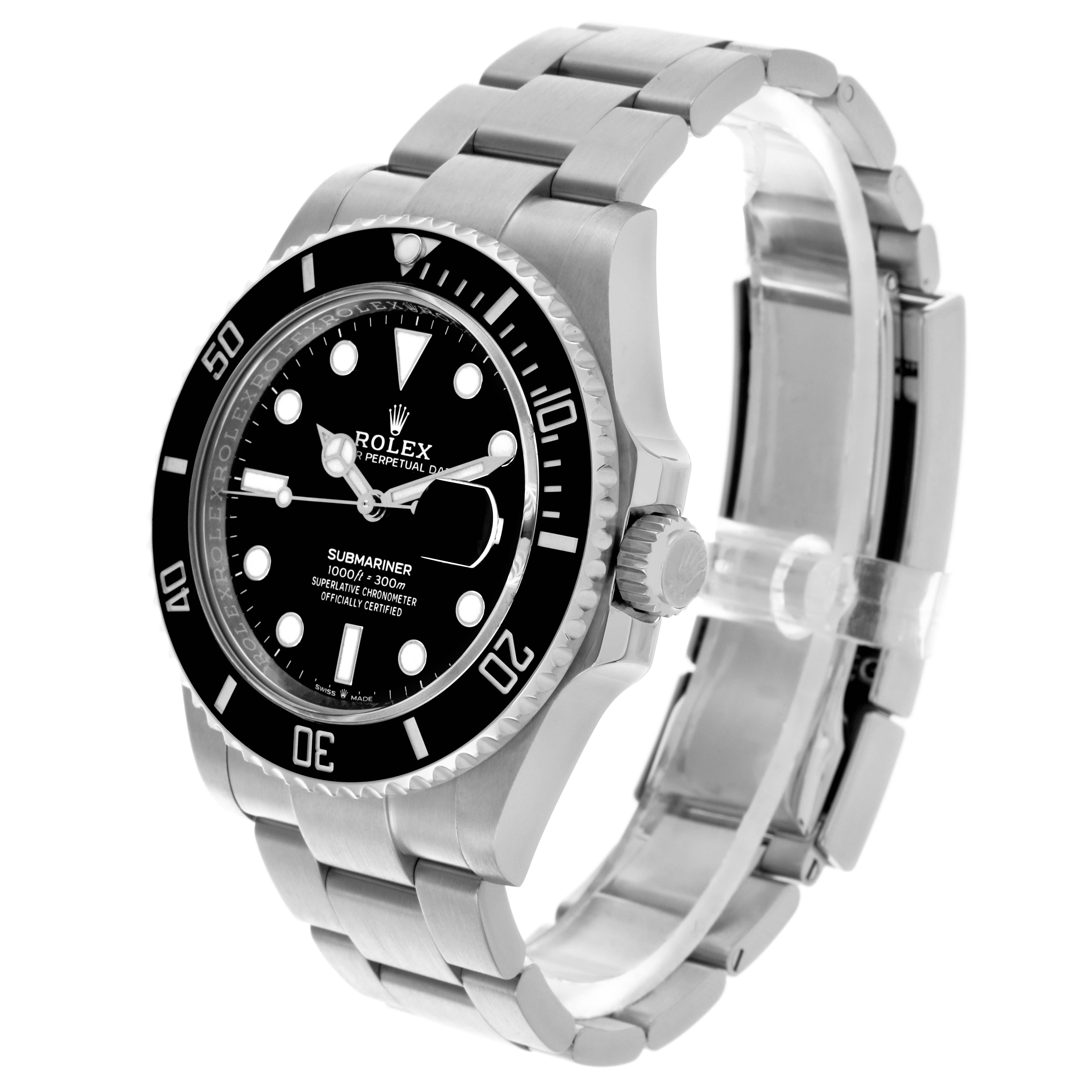 The Rolex Submariner 126610 Men's Stainless Steel Black Dial 126610 Men's Stainless Steel Black Dial watch is shown at a three-quarter angle, highlighting the dial, bezel, and metal bracelet.