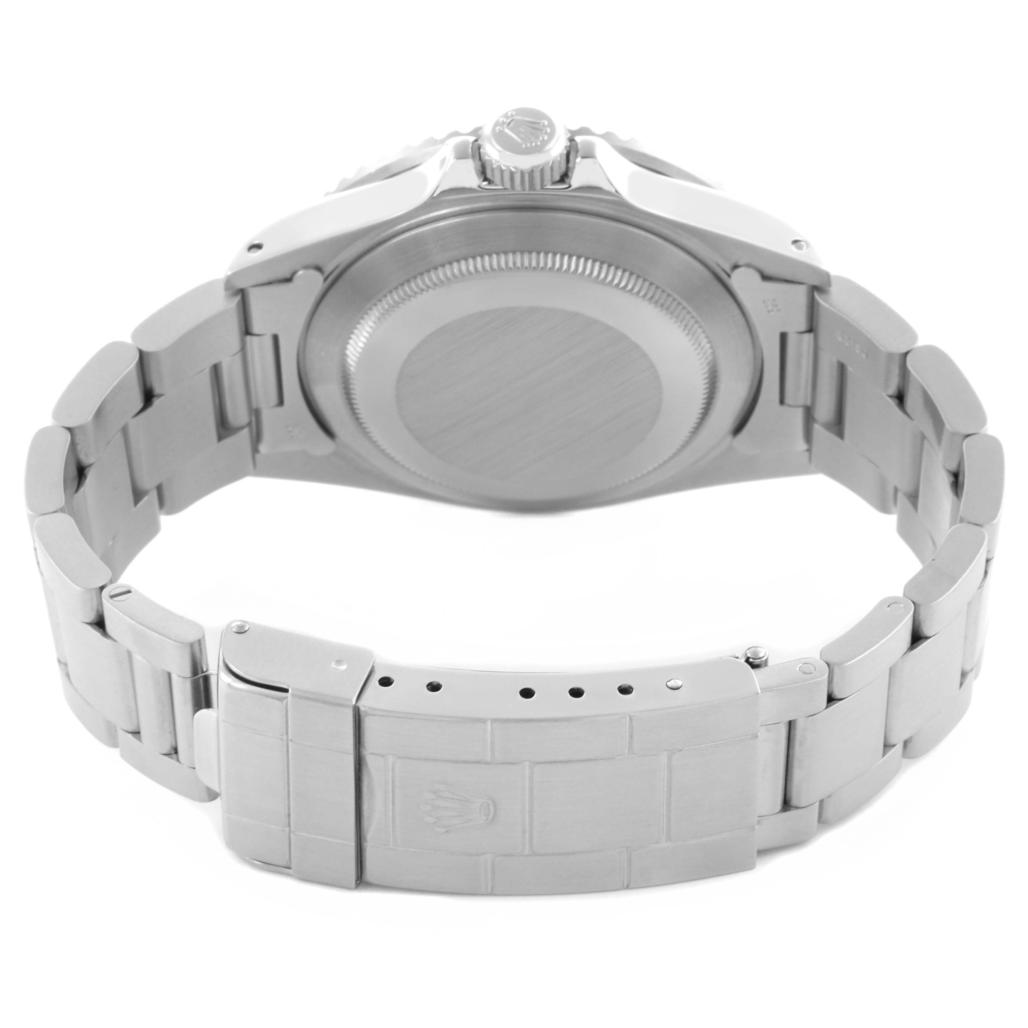 The image shows the backside of a Rolex Submariner 168000 Men's Stainless Steel Black Dial 168000 Men's Stainless Steel Black Dial, focusing on the clasp, bracelet, and caseback.