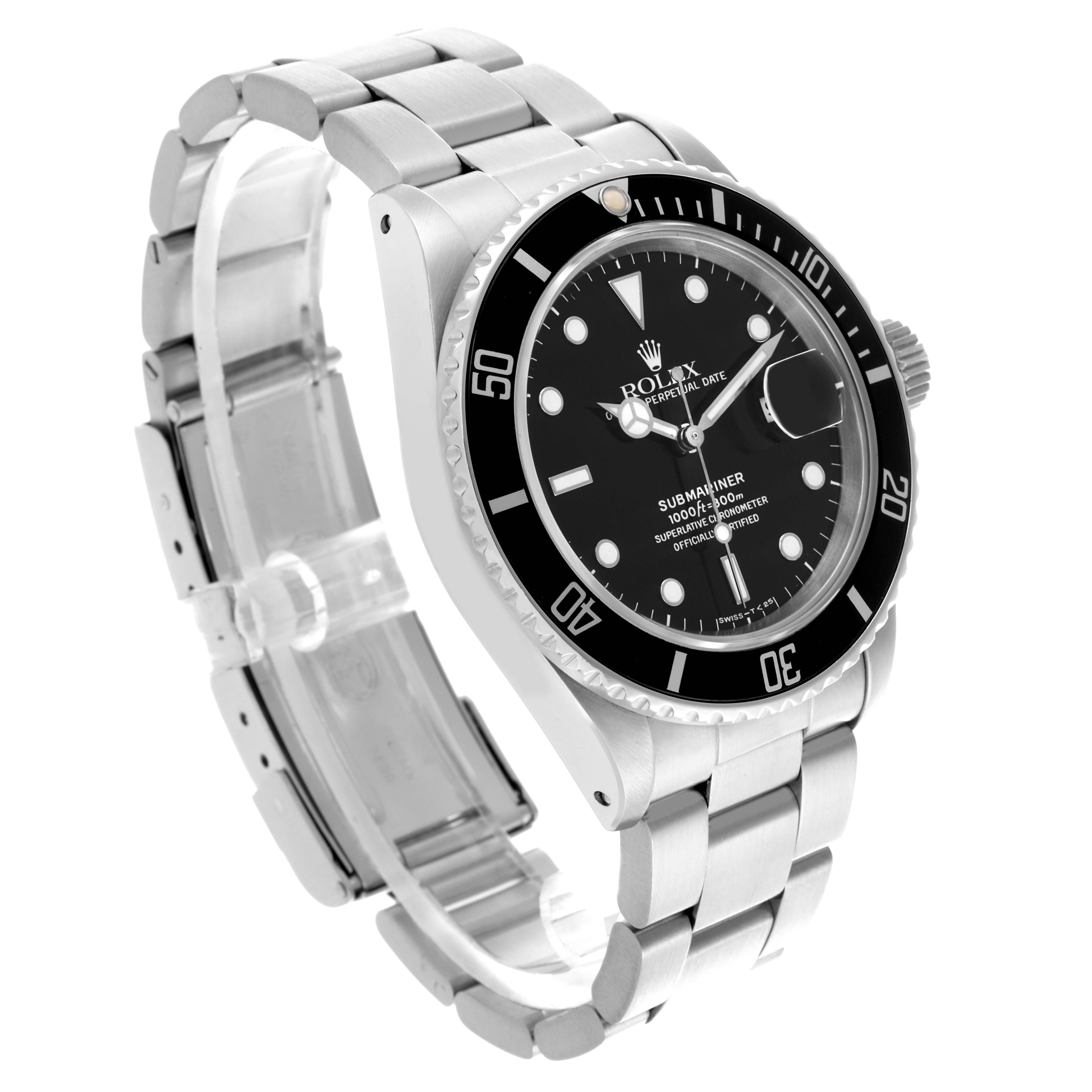 The Rolex Submariner 168000 Men's Stainless Steel Black Dial 168000 Men's Stainless Steel Black Dial watch is shown at a three-quarter angle, highlighting the bezel, dial, bracelet, and crown.