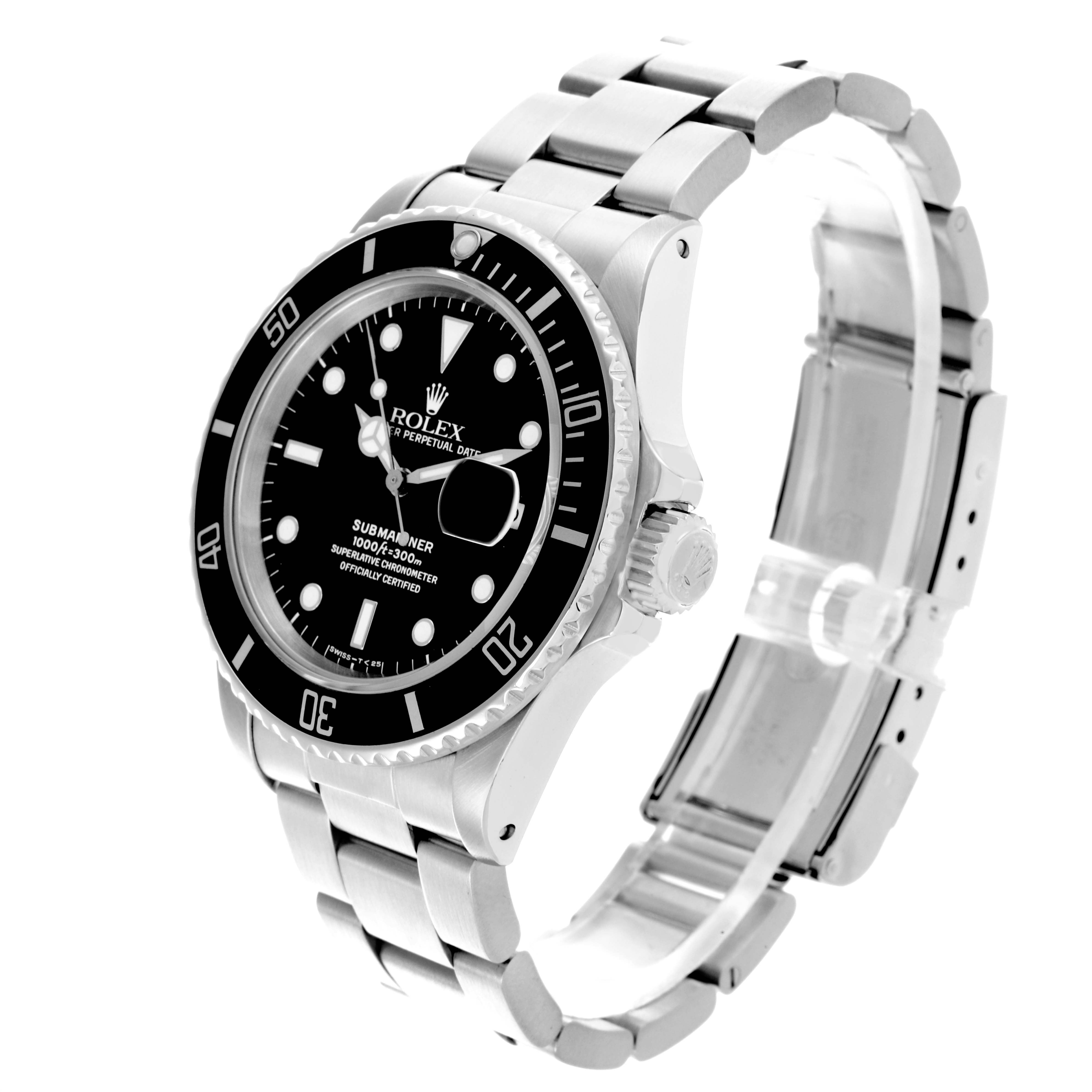 The Rolex Submariner 168000 Men's Stainless Steel Black Dial 168000 Men's Stainless Steel Black Dial watch is shown from a three-quarter angle, highlighting the dial, bezel, and bracelet.