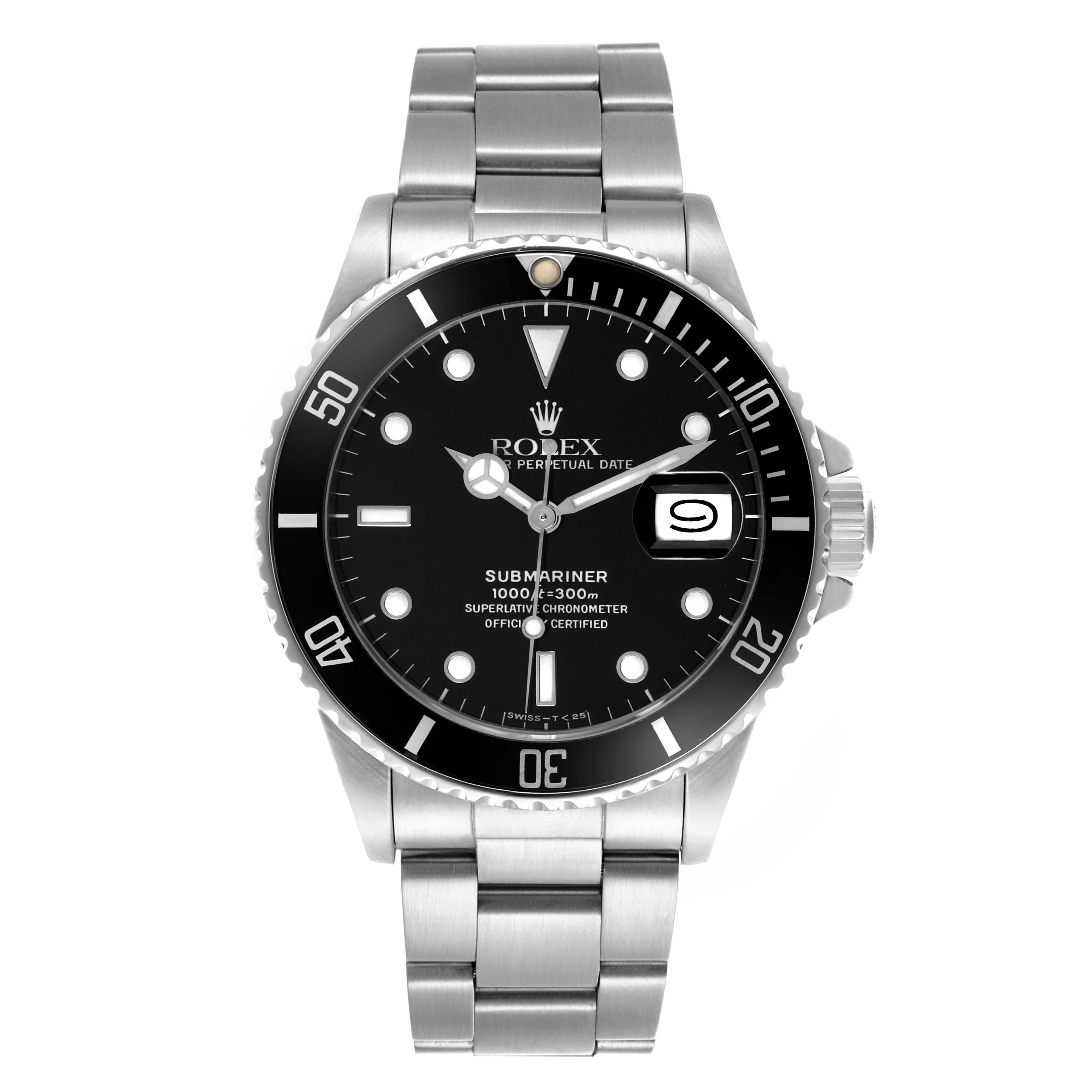The Rolex Submariner 168000 Men's Stainless Steel Black Dial 168000 Men's Stainless Steel Black Dial watch is shown from the front, highlighting the dial, bezel, bracelet, and date window.