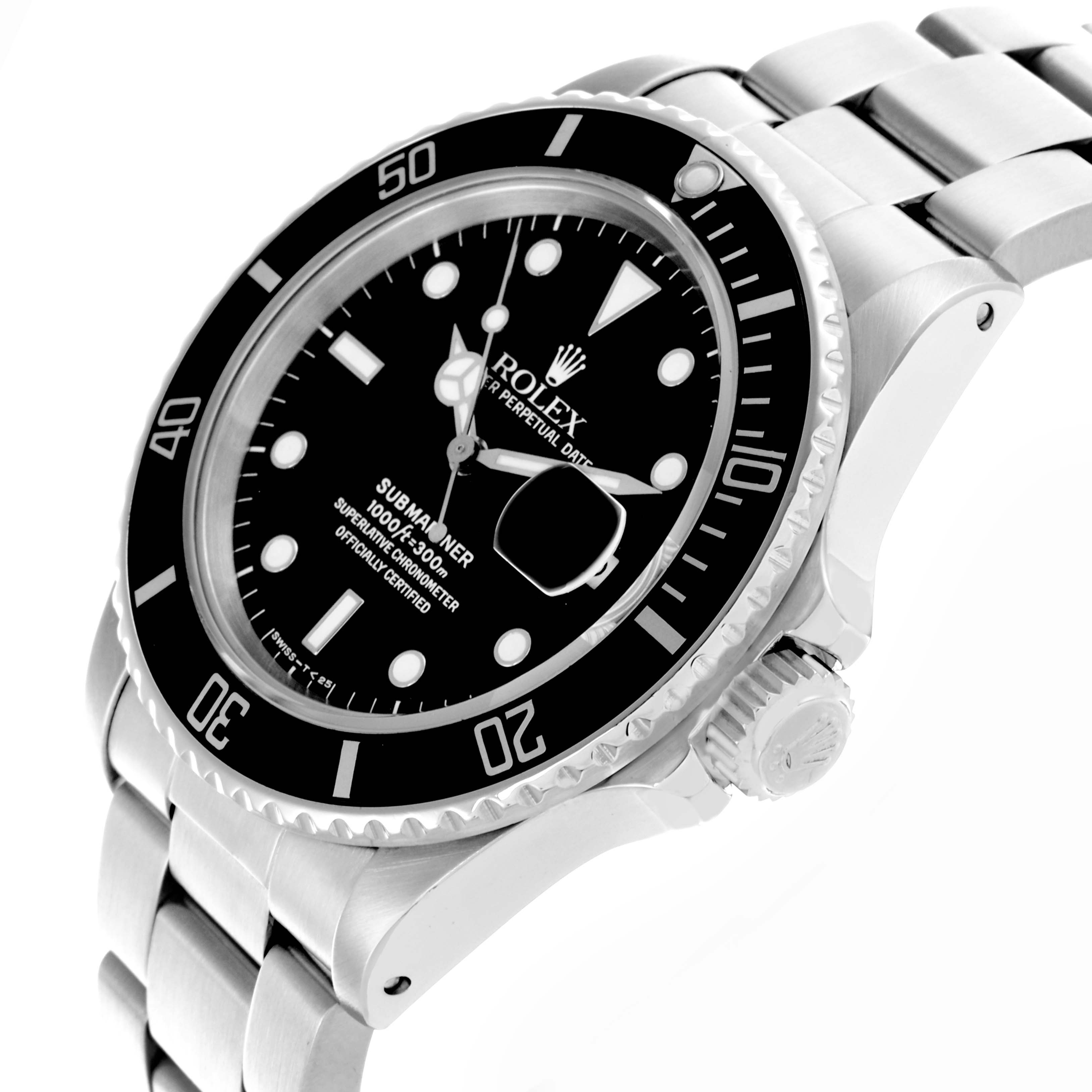 The Rolex Submariner 168000 Men's Stainless Steel Black Dial 168000 Men's Stainless Steel Black Dial watch is shown at a slight angle, highlighting its dial, bezel, and bracelet.