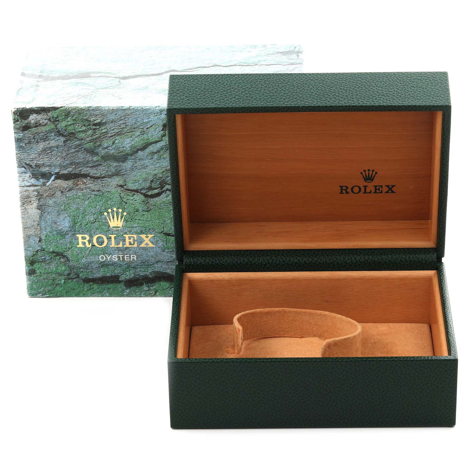 The image shows a Rolex Submariner 168000 Men's Stainless Steel Black Dial 168000 Men's Stainless Steel Black Dial watch box, open, with its outer packaging, viewed from the front.