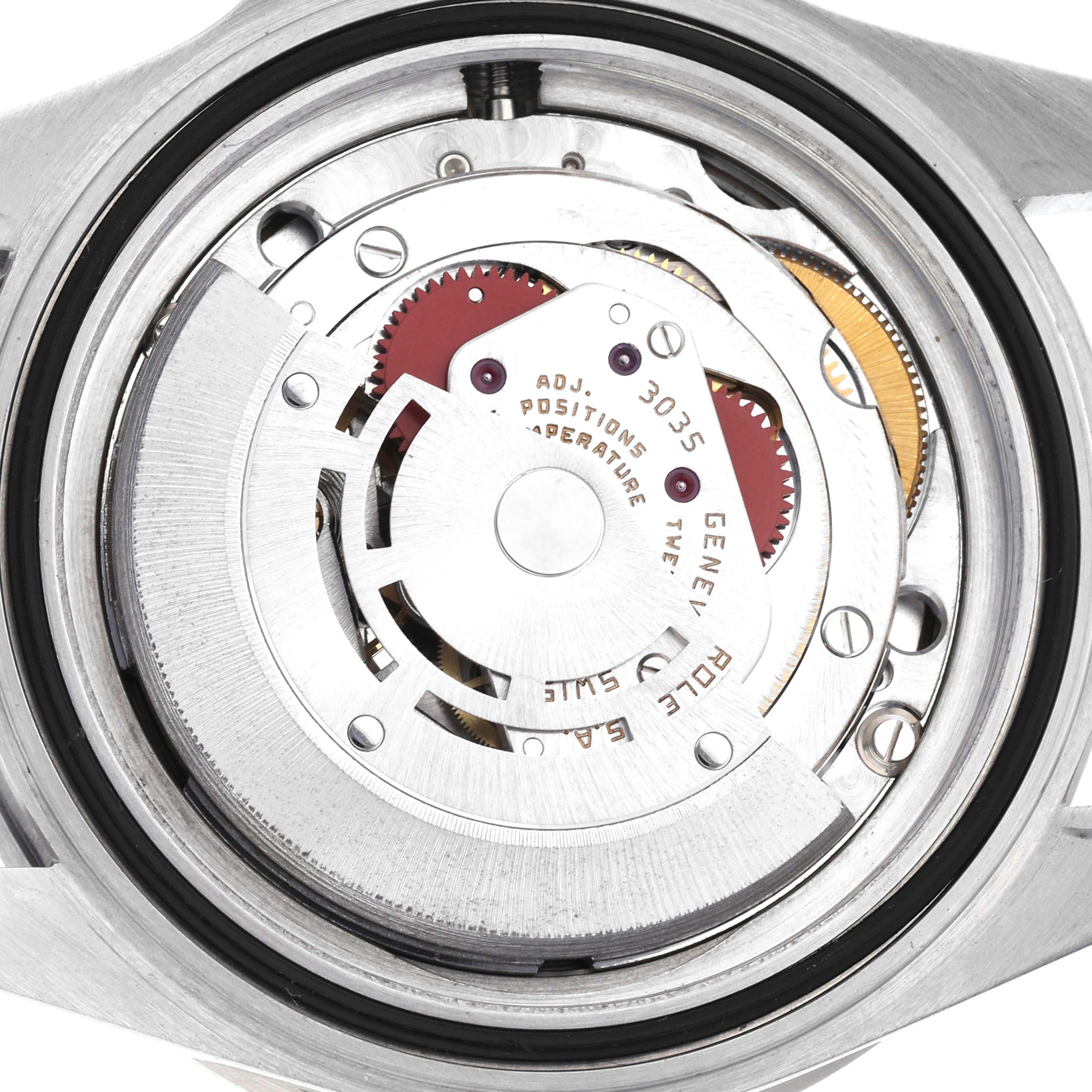 The image shows a top-down view of the movement inside a Rolex Submariner 168000 Men's Stainless Steel Black Dial 168000 Men's Stainless Steel Black Dial watch.