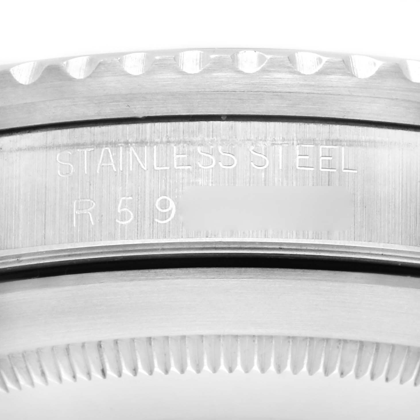 The image shows the side view of a Rolex Submariner 168000 Men's Stainless Steel Black Dial 168000 Men's Stainless Steel Black Dial, focusing on its stainless steel case back with engravings.