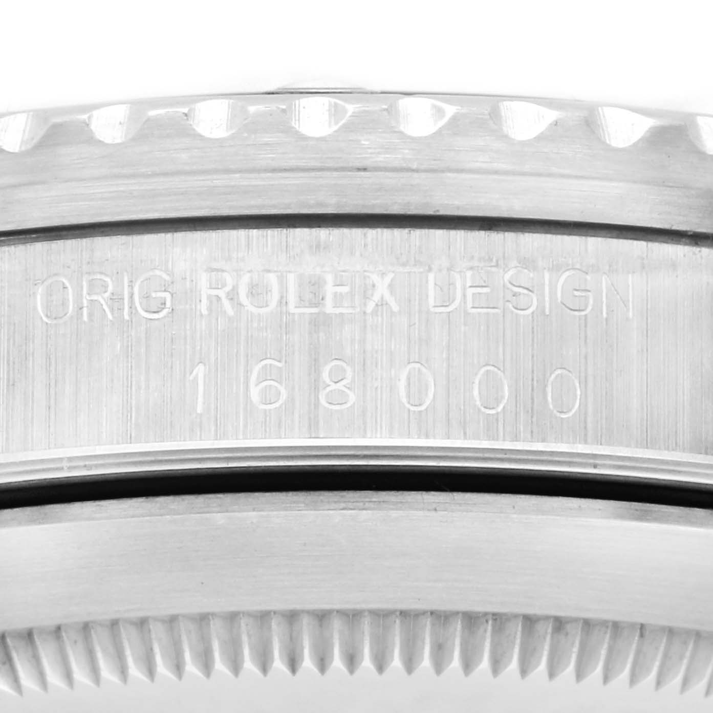 The image shows the side view of a Rolex Submariner 168000 Men's Stainless Steel Black Dial 168000 Men's Stainless Steel Black Dial's case, highlighting the engraved model number "168000" and "Orig Rolex Design."