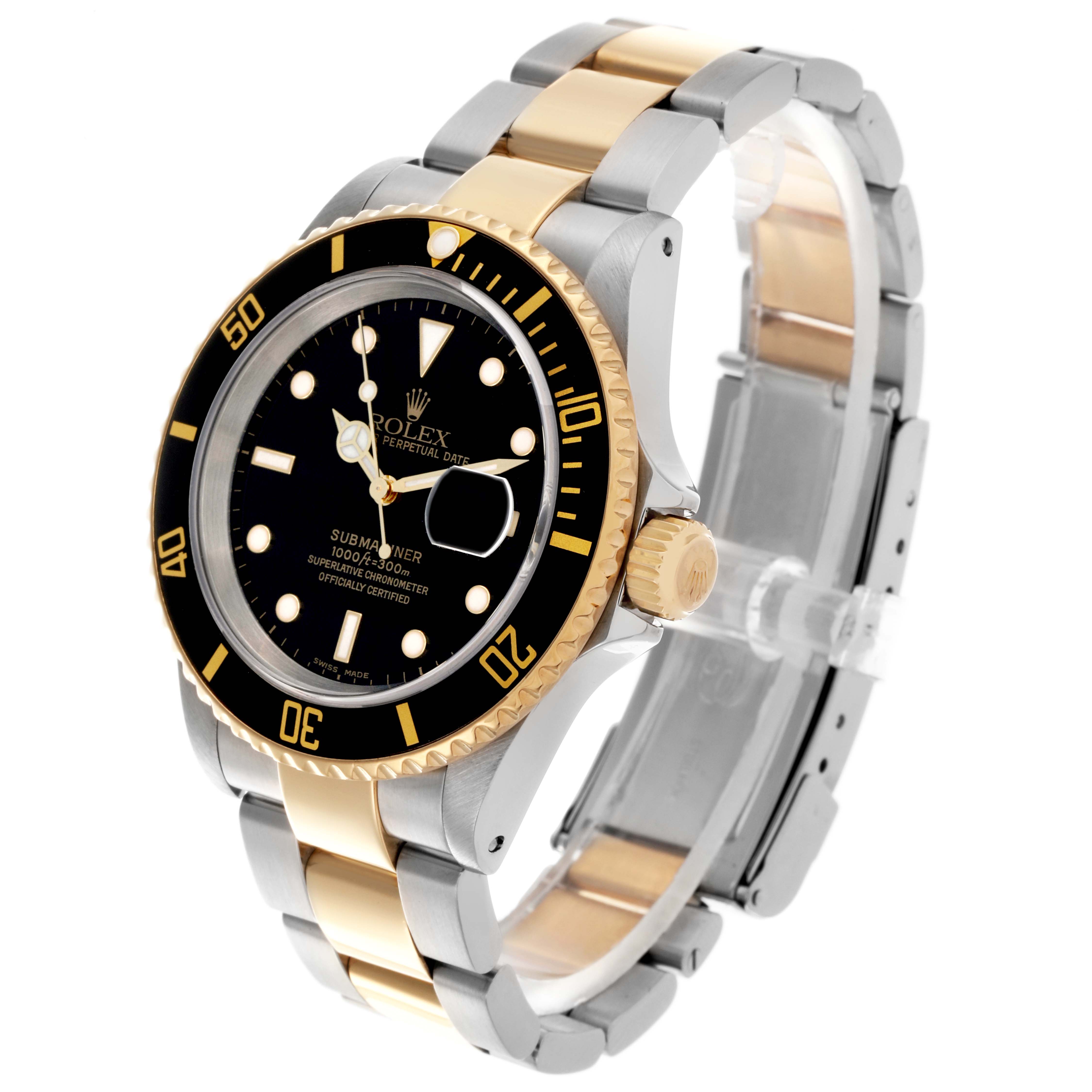 The Rolex Submariner 16613 Men's Steel and Gold (two tone) Black Dial 16613 Men's Steel and Gold (two tone) Black Dial watch is shown at a three-quarter angle, displaying the bezel, dial, and bracelet.