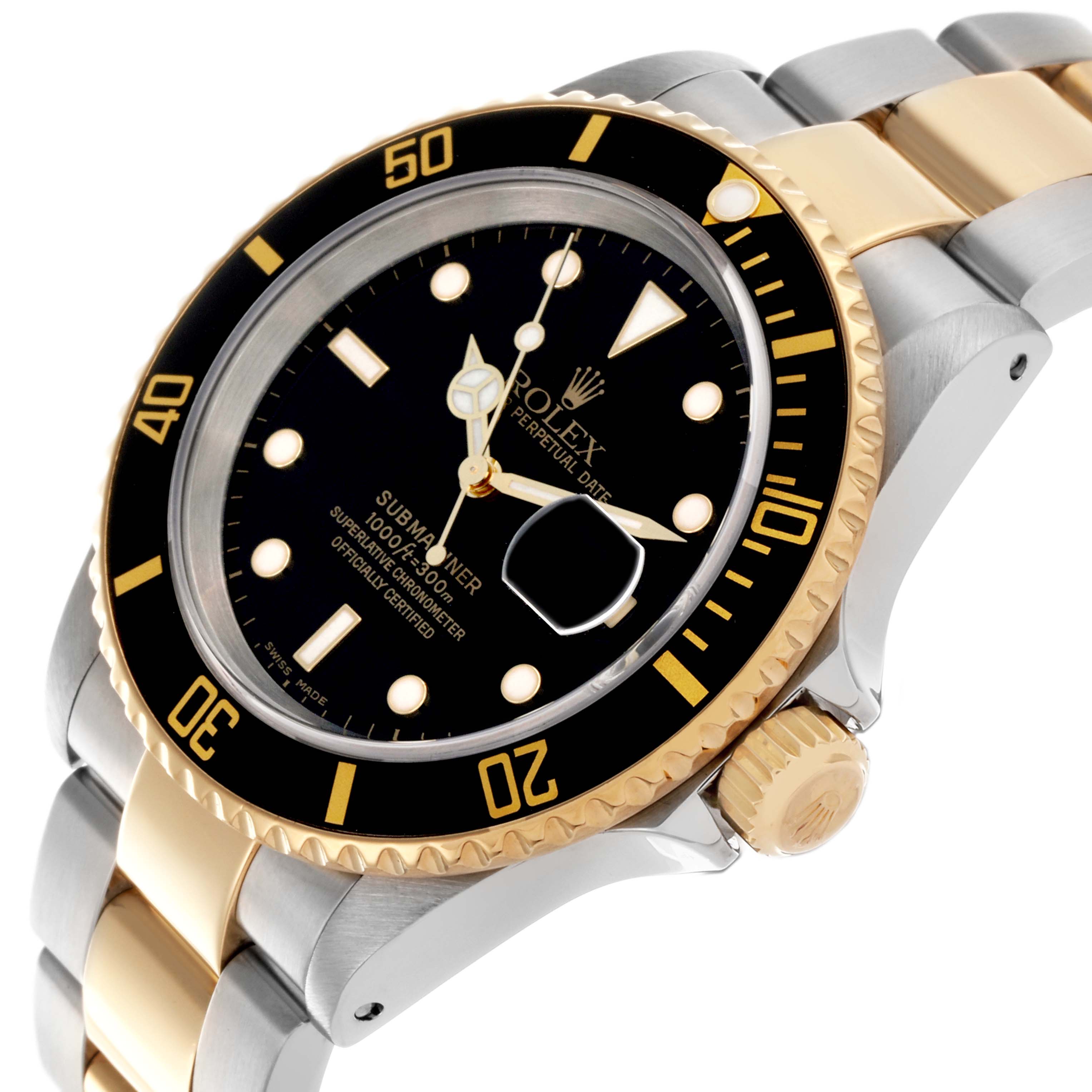 The Rolex Submariner 16613 Men's Steel and Gold (two tone) Black Dial 16613 Men's Steel and Gold (two tone) Black Dial is shown at a three-quarter angle, highlighting its bezel, dial, crown, and two-tone bracelet.