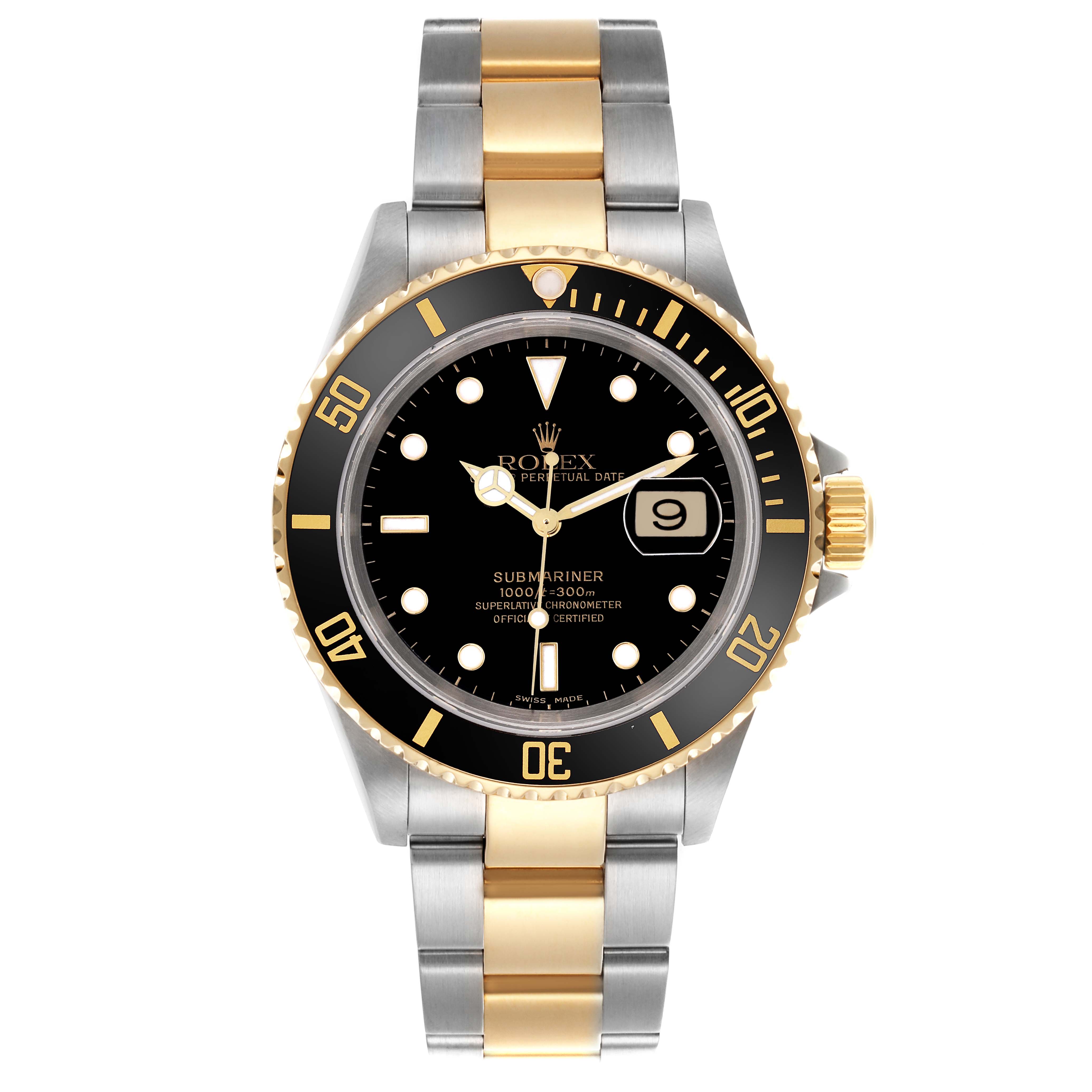 The Rolex Submariner 16613 Men's Steel and Gold (two tone) Black Dial 16613 Men's Steel and Gold (two tone) Black Dial watch is shown from a front angle, highlighting its black dial, gold and silver bracelet, and date feature.