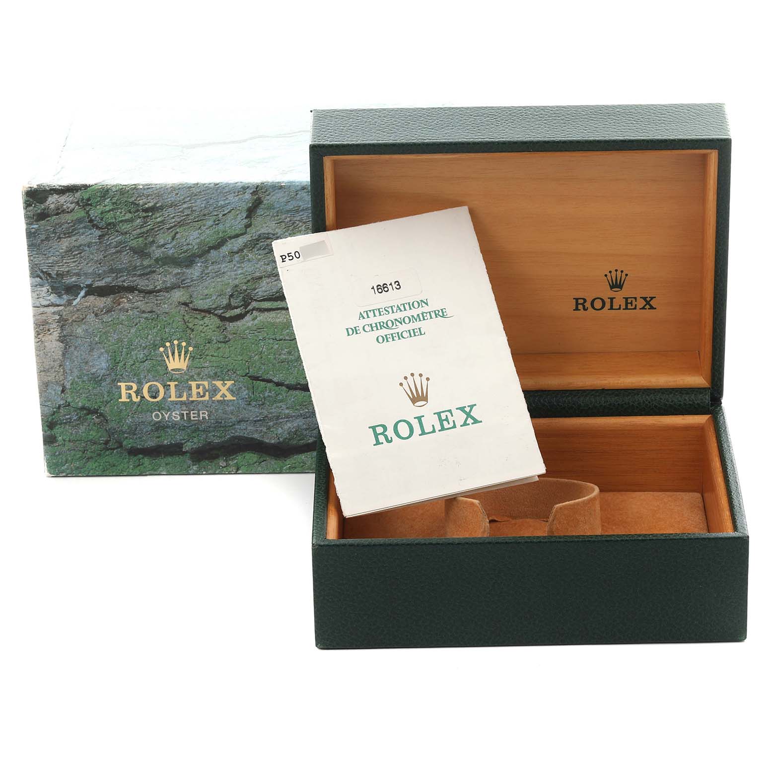 The image shows a Rolex Submariner 16613 Men's Steel and Gold (two tone) Black Dial 16613 Men's Steel and Gold (two tone) Black Dial box with a booklet and an open wooden interior.