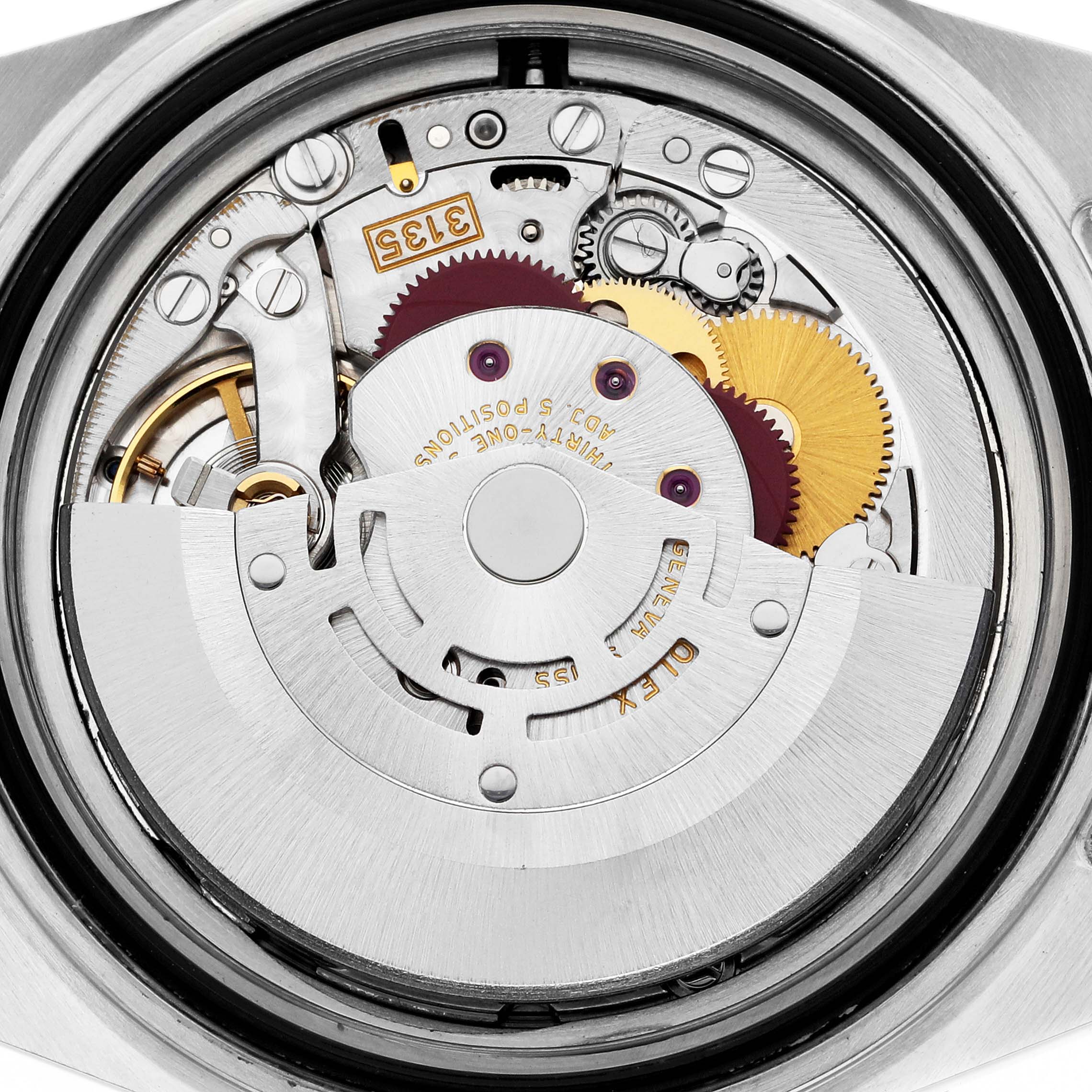 The image shows the movement's exposed mechanism from the rear of a Rolex Submariner 16613 Men's Steel and Gold (two tone) Black Dial 16613 Men's Steel and Gold (two tone) Black Dial, highlighting gears and the rotor.