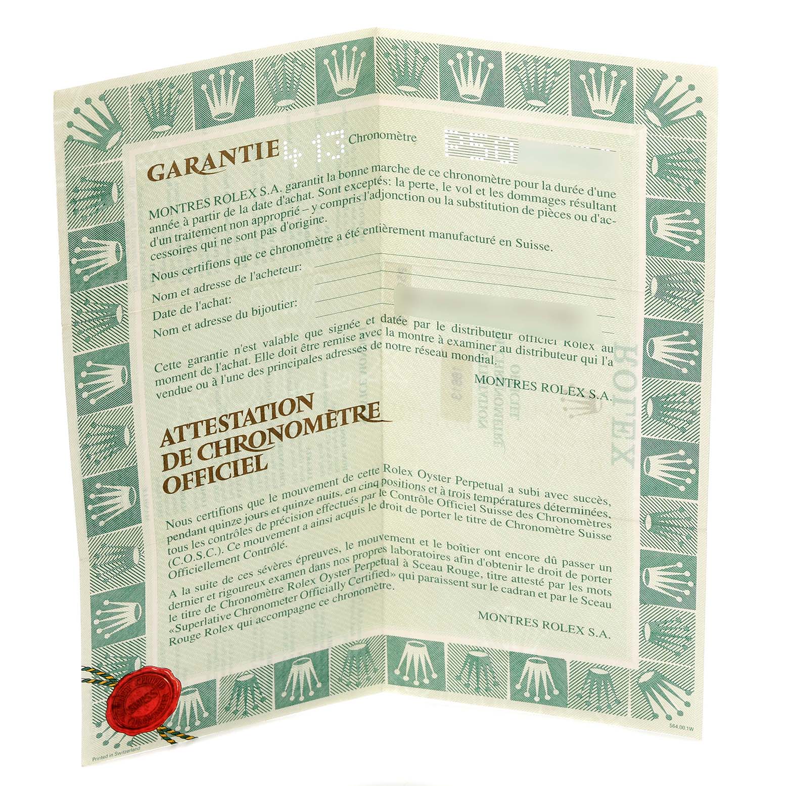 The image shows a warranty certificate for a Rolex Submariner 16613 Men's Steel and Gold (two tone) Black Dial 16613 Men's Steel and Gold (two tone) Black Dial, featuring text and the brand's logo design.