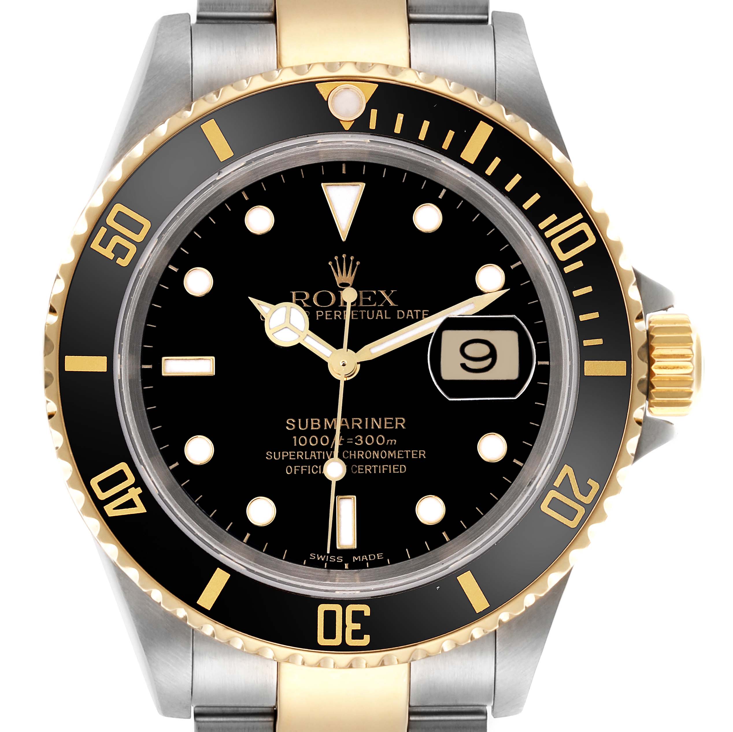 The Rolex Submariner 16613 Men's Steel and Gold (two tone) Black Dial 16613 Men's Steel and Gold (two tone) Black Dial watch is shown from the front, highlighting the dial, bezel, case, and part of the bracelet.