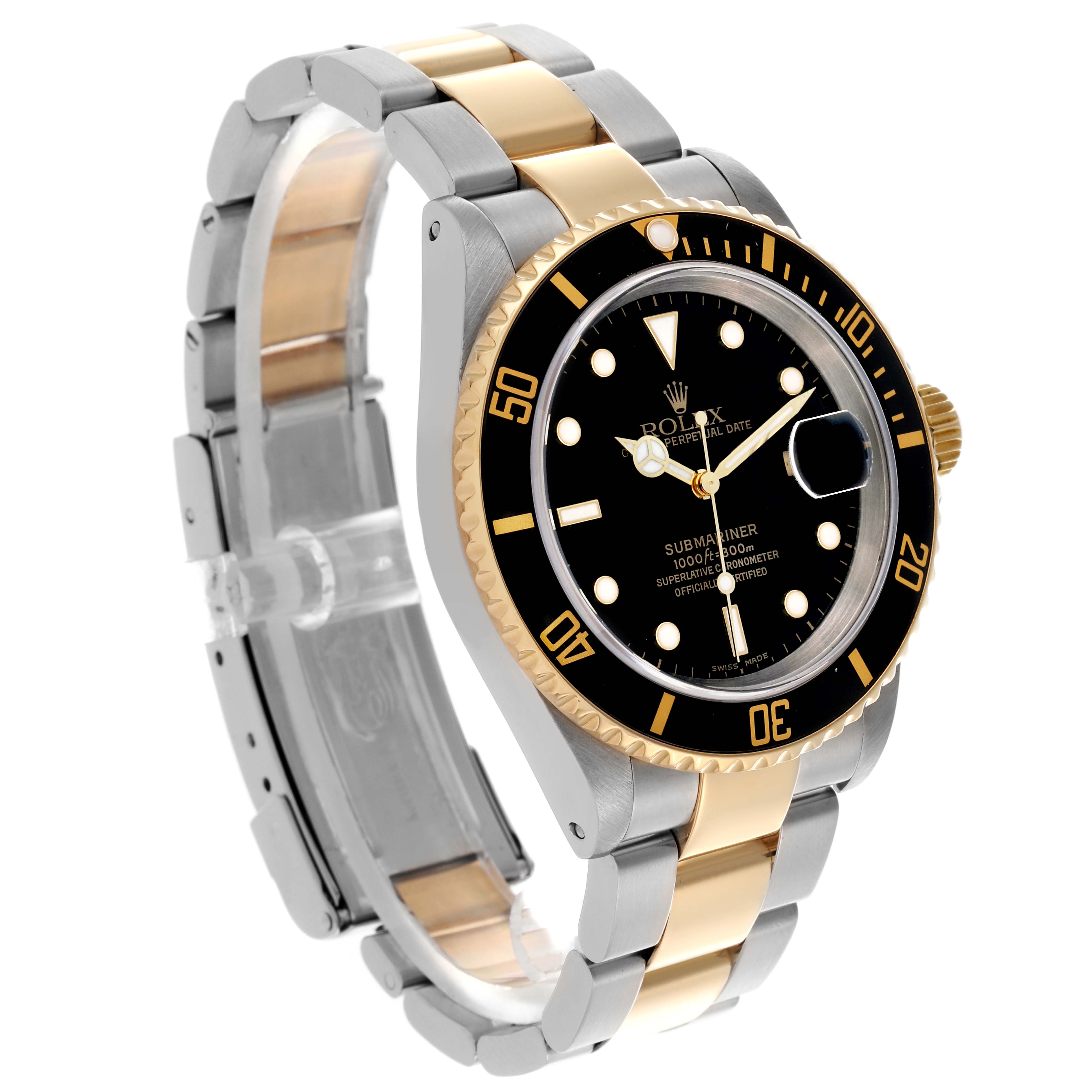 The Rolex Submariner 16613 Men's Steel and Gold (two tone) Black Dial 16613 Men's Steel and Gold (two tone) Black Dial watch is shown at a three-quarter angle, displaying the face, bezel, and two-tone bracelet.