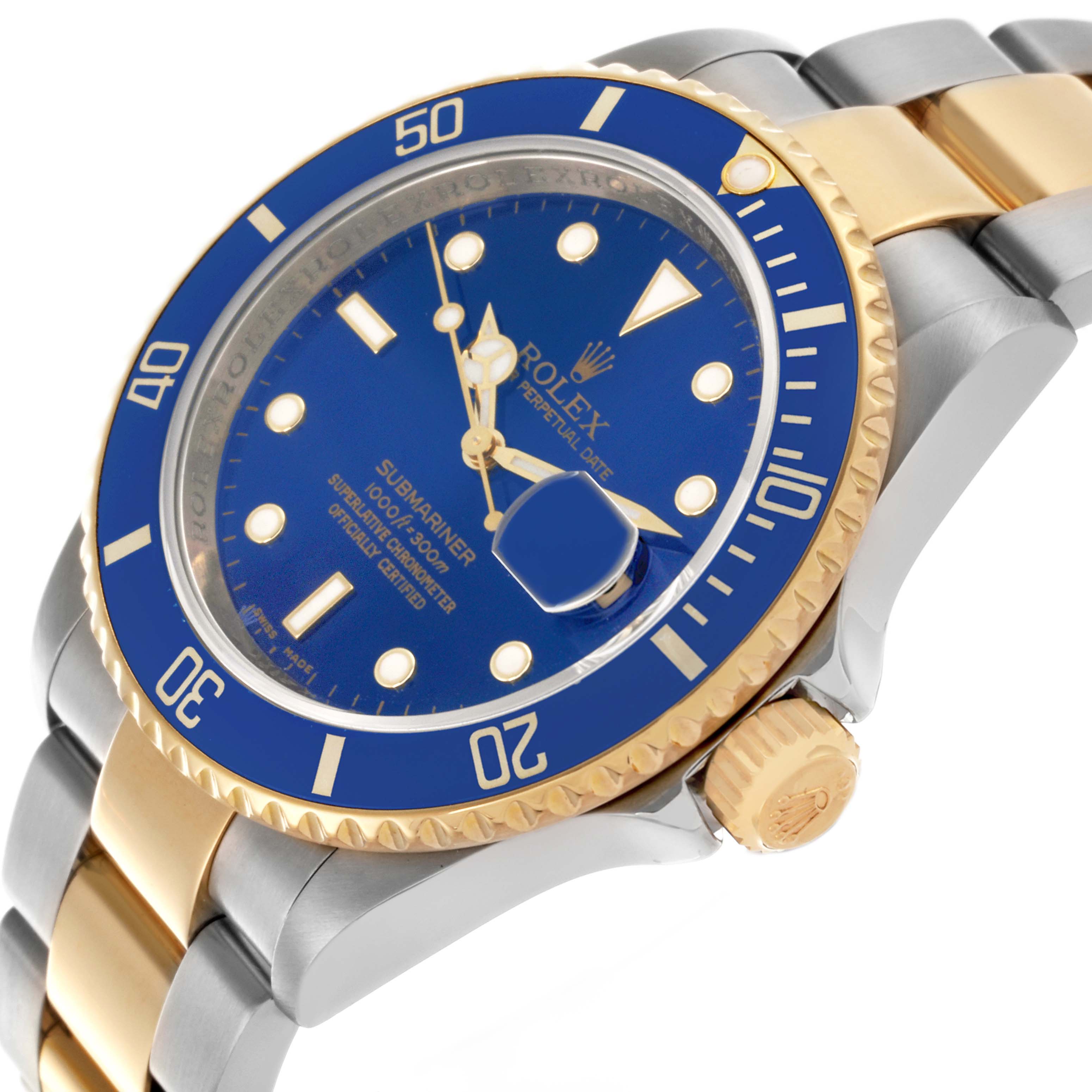 The Rolex Submariner 16613 Men's Steel and Gold (two tone) Blue Dial 16613 Men's Steel and Gold (two tone) Blue Dial is shown at an angle highlighting the blue dial, bezel, crown, and two-tone bracelet.