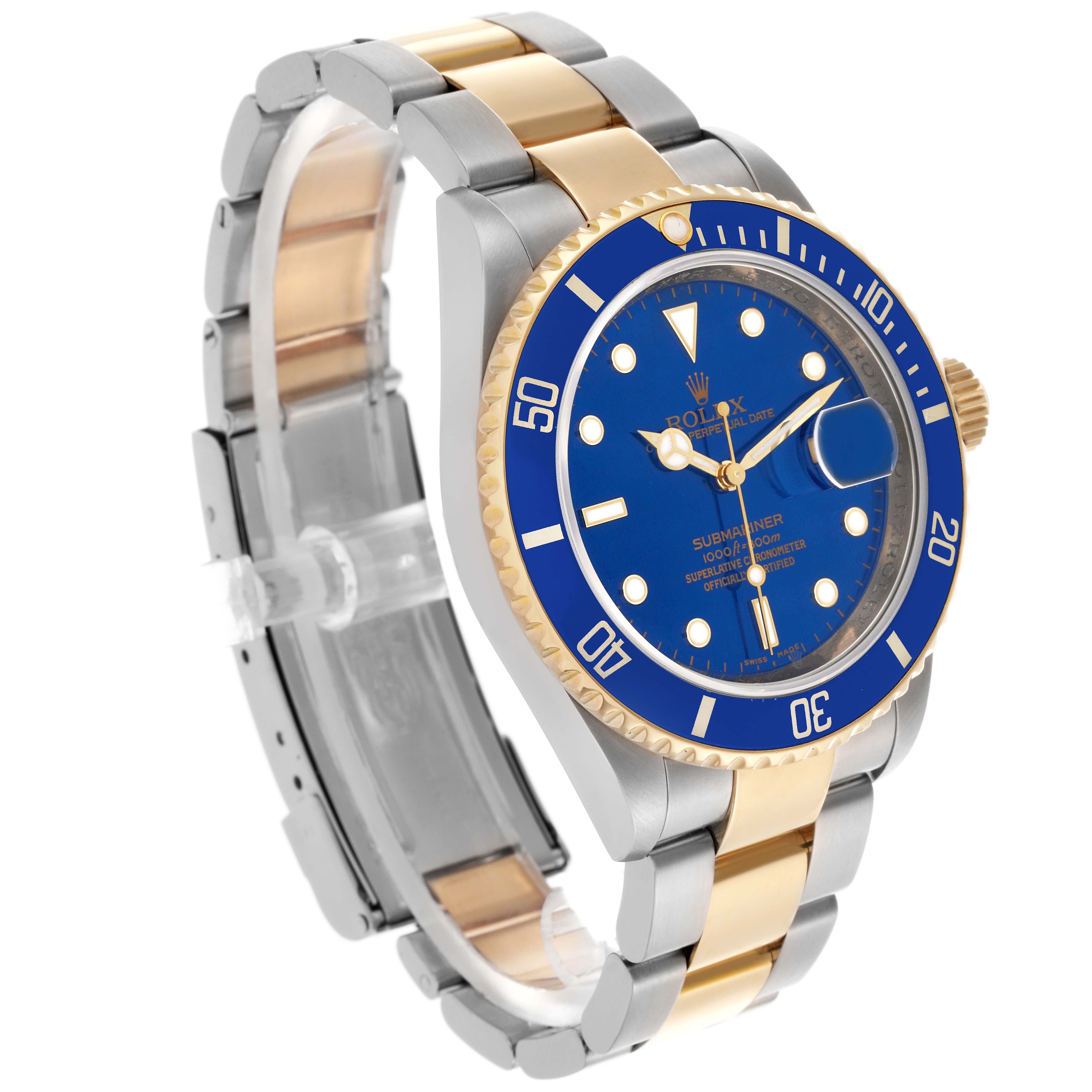 The Rolex Submariner 16613 Men's Steel and Gold (two tone) Blue Dial 16613 Men's Steel and Gold (two tone) Blue Dial is shown at a three-quarter angle, highlighting the bezel, dial, crown, and two-tone bracelet.
