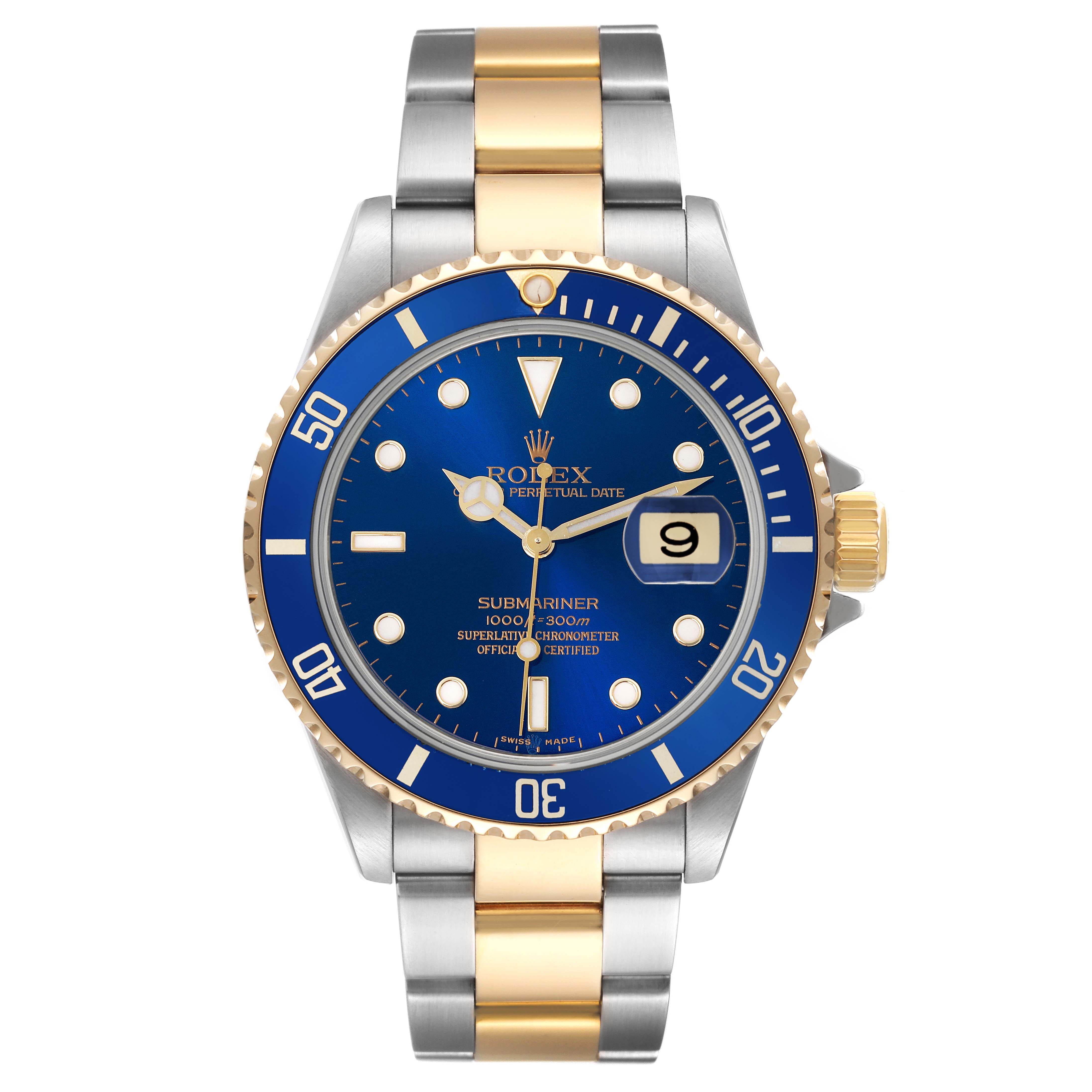 The Rolex Submariner 16613 Men's Steel and Gold (two tone) Blue Dial 16613 Men's Steel and Gold (two tone) Blue Dial watch is shown from a front angle, highlighting the blue dial, gold bezel, and two-tone bracelet.