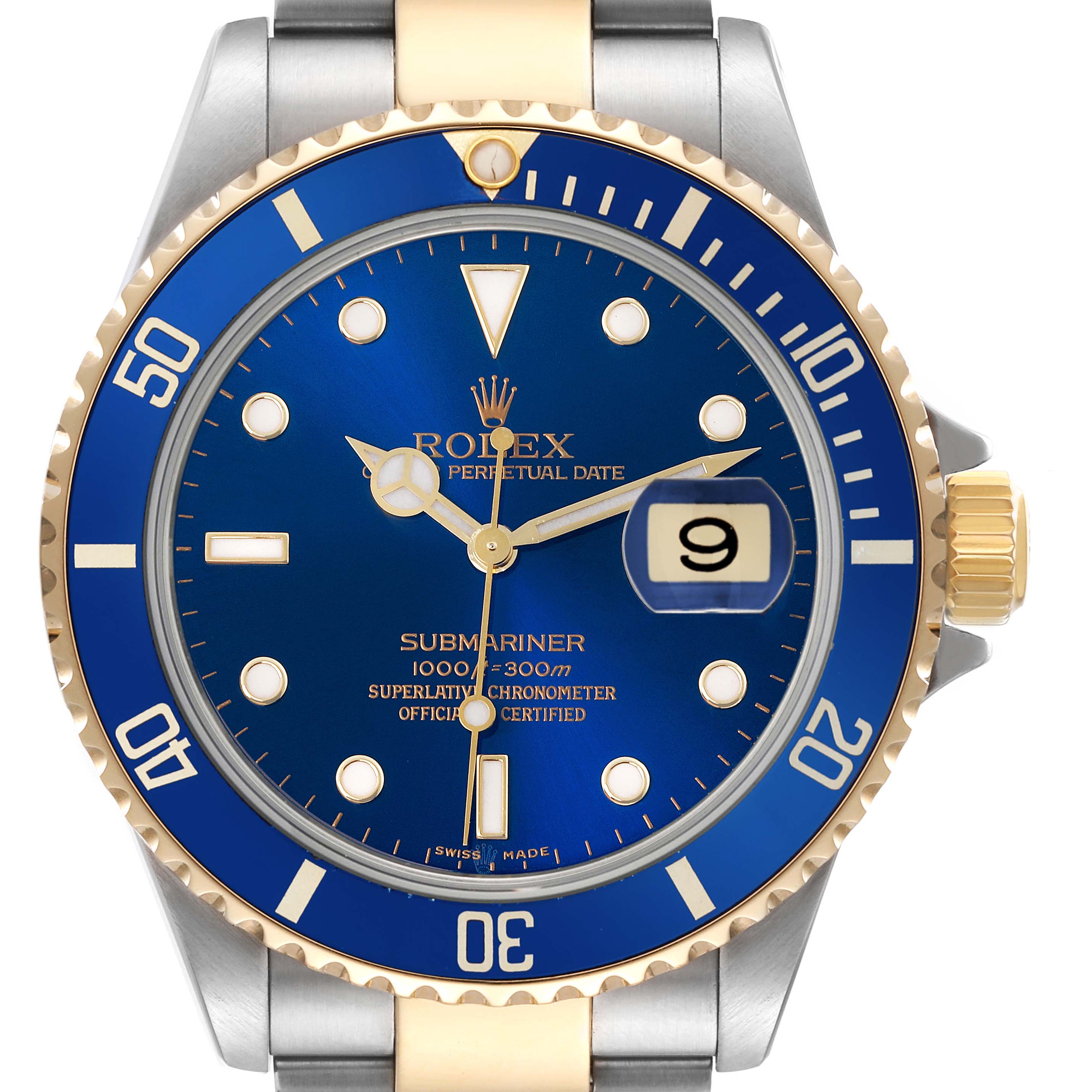 The Rolex Submariner 16613 Men's Steel and Gold (two tone) Blue Dial 16613 Men's Steel and Gold (two tone) Blue Dial watch is shown from a front angle, displaying the face, bezel, crown, and part of the bracelet.