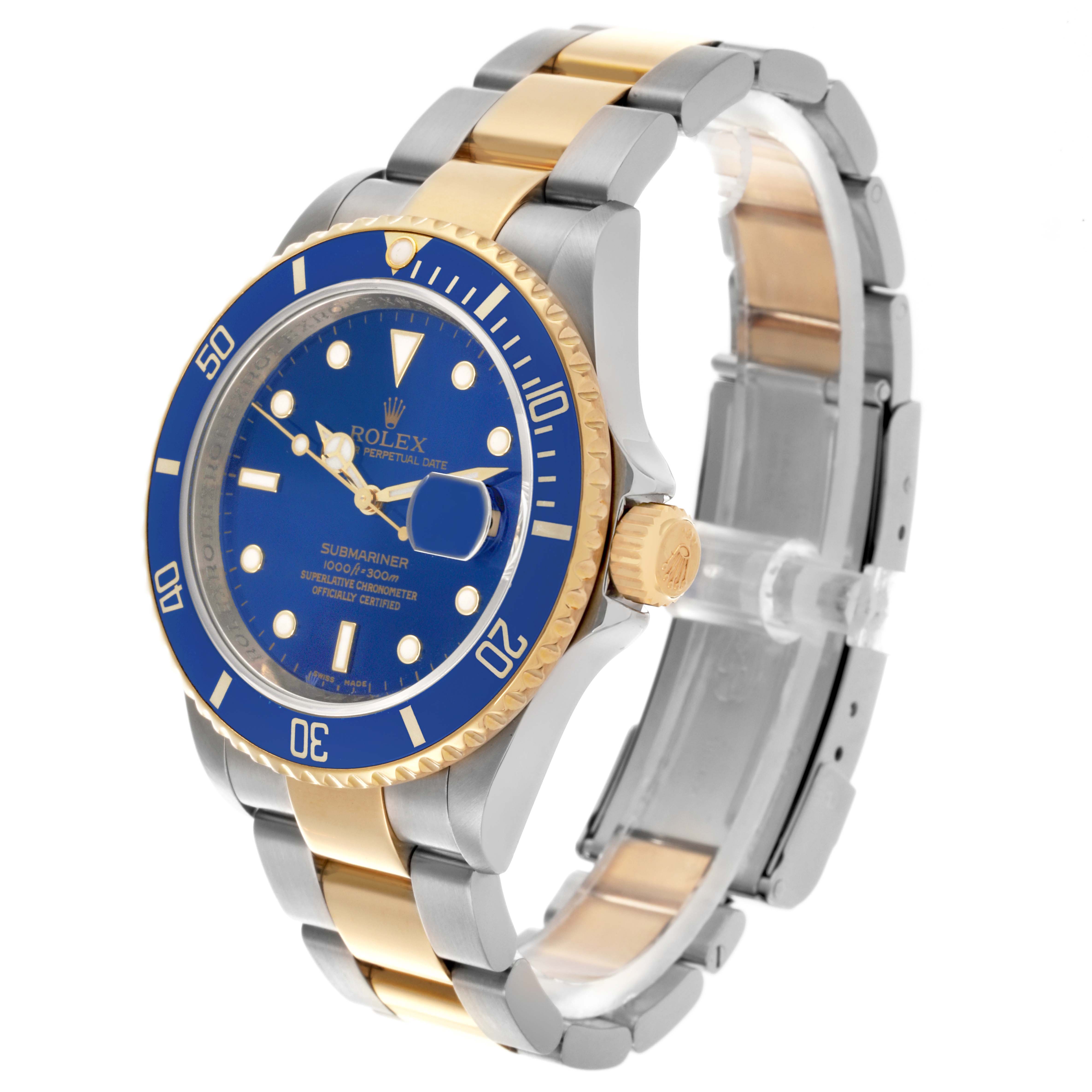 The image shows a Rolex Submariner 16613 Men's Steel and Gold (two tone) Blue Dial 16613 Men's Steel and Gold (two tone) Blue Dial watch at a three-quarter angle, highlighting its blue and gold bezel, blue dial, and two-tone bracelet.