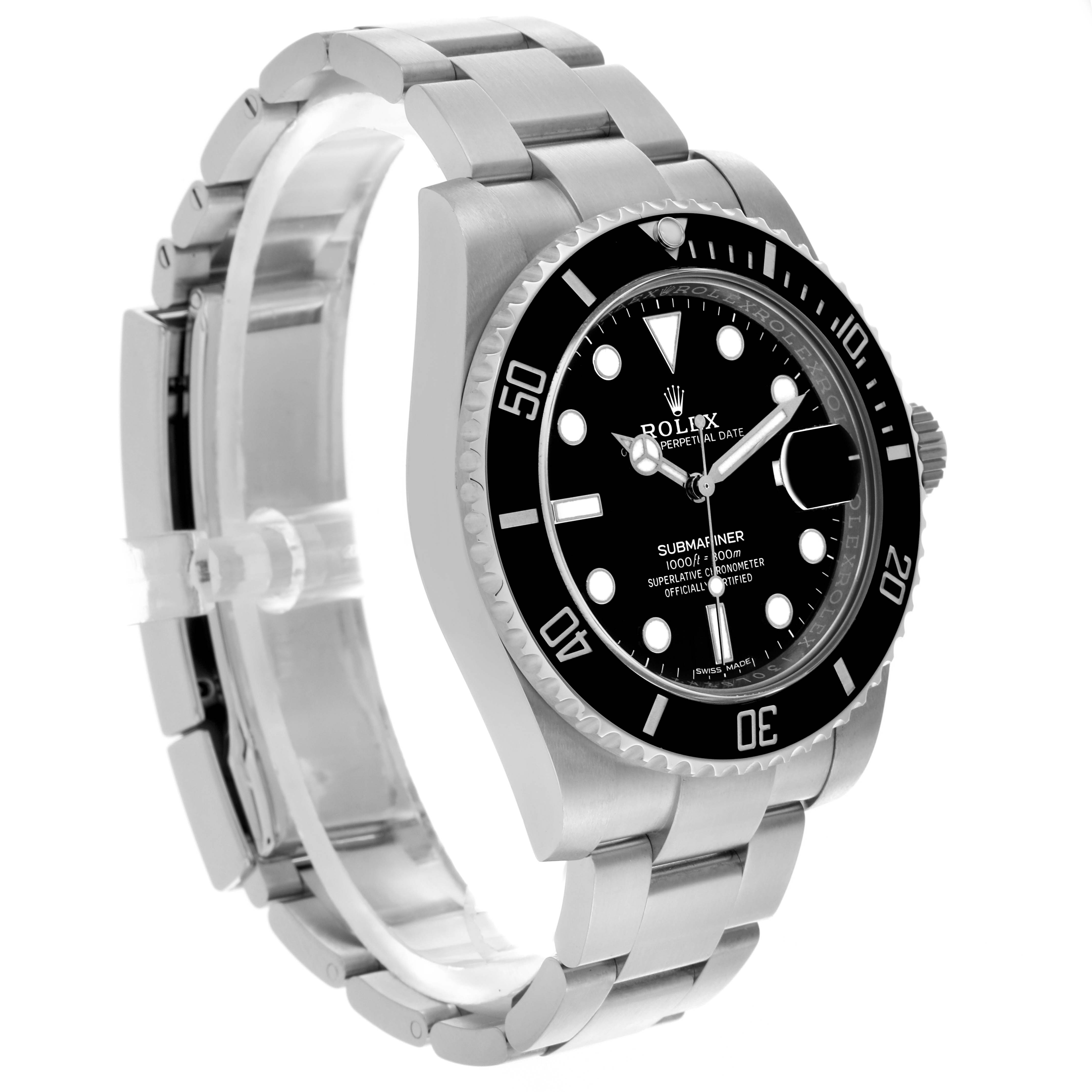 The Rolex Submariner 116610LN Men's Stainless Steel Black Dial 116610LN Men's Stainless Steel Black Dial watch is shown from a side angle, highlighting the face, bezel, and stainless steel bracelet.