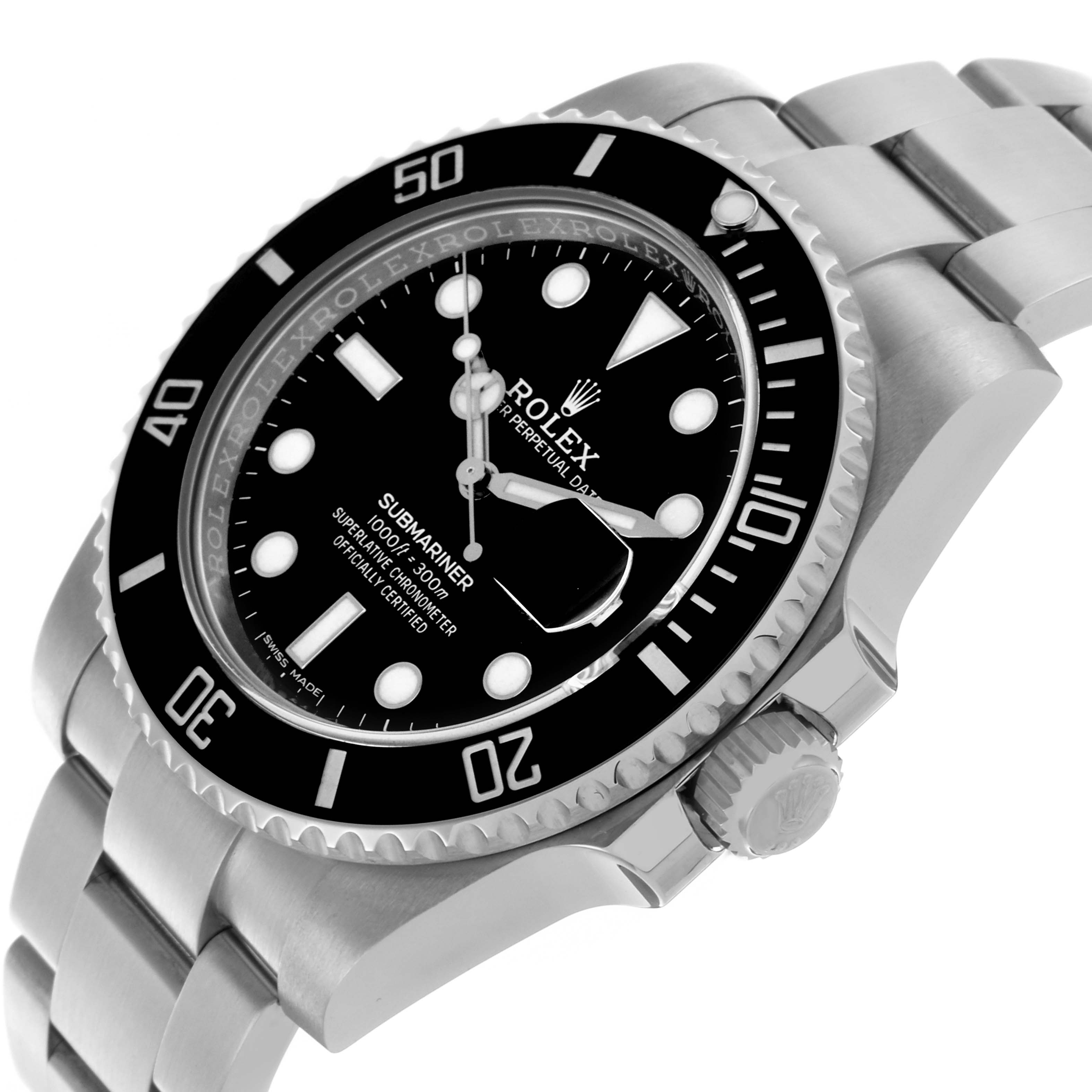 The Rolex Submariner 116610LN Men's Stainless Steel Black Dial 116610LN Men's Stainless Steel Black Dial watch is shown at a side angle, highlighting the bezel, dial, crown, and part of the bracelet.