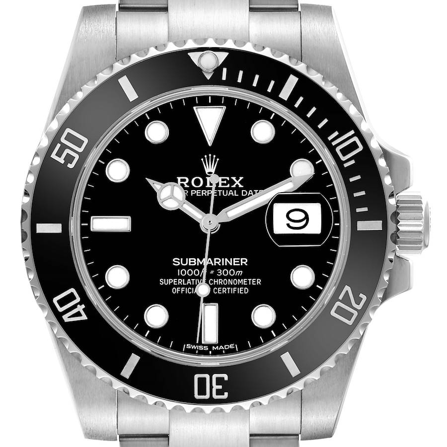 The Rolex Submariner watch is shown from a front angle, displaying the dial, bezel, crown, and part of the bracelet.