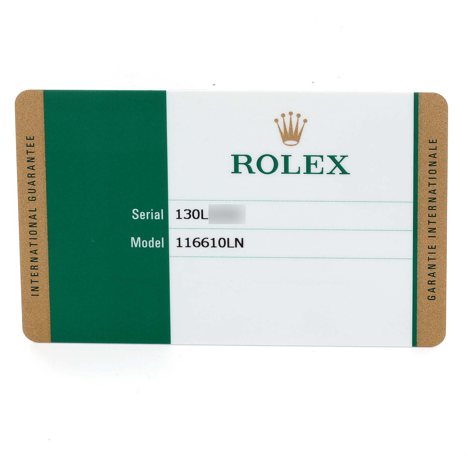 The image shows a warranty card for a Rolex Submariner 116610LN Men's Stainless Steel Black Dial 116610LN Men's Stainless Steel Black Dial model.