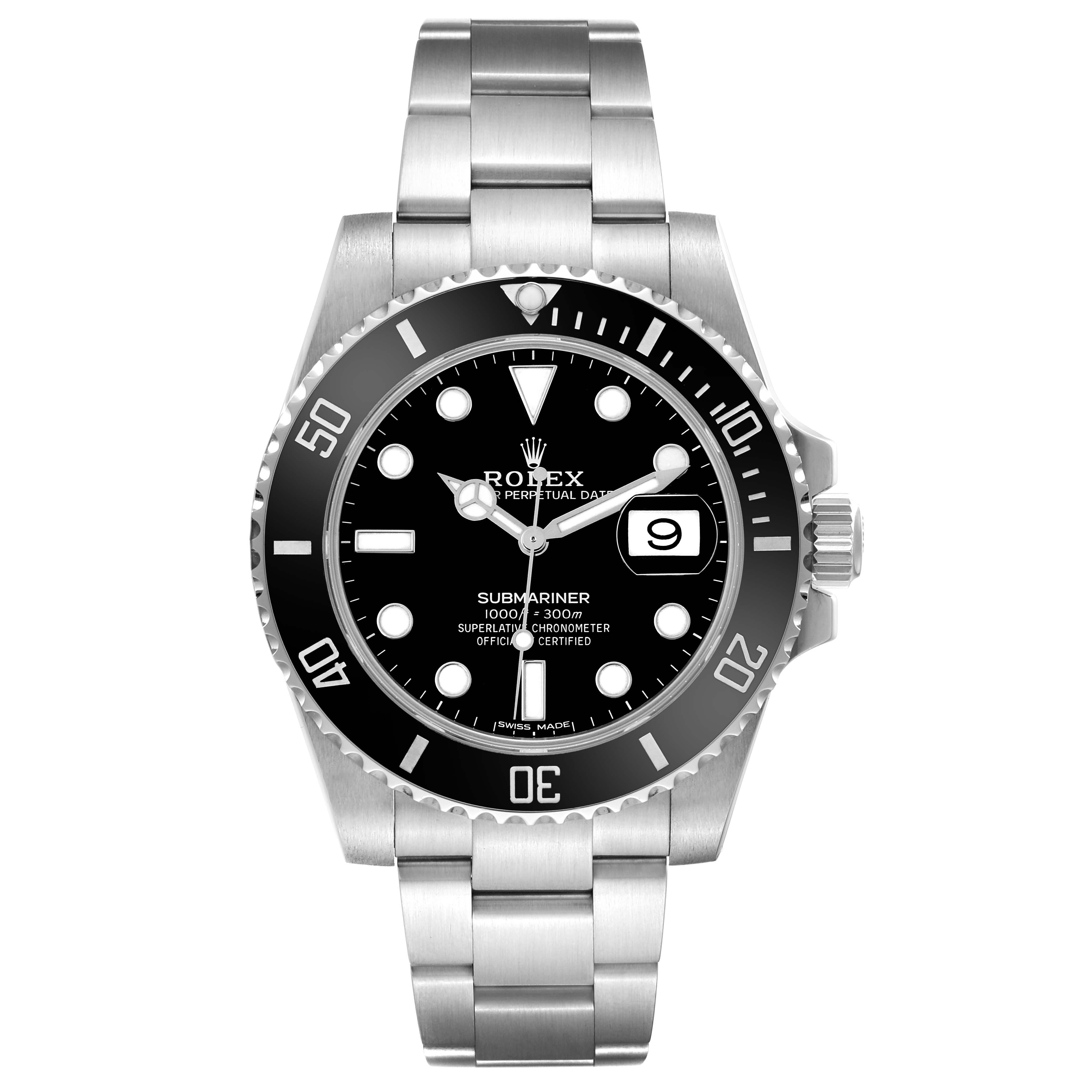 The image shows a Rolex Submariner 116610LN Men's Stainless Steel Black Dial 116610LN Men's Stainless Steel Black Dial watch from a frontal view, highlighting the dial, bezel, bracelet, and crown.