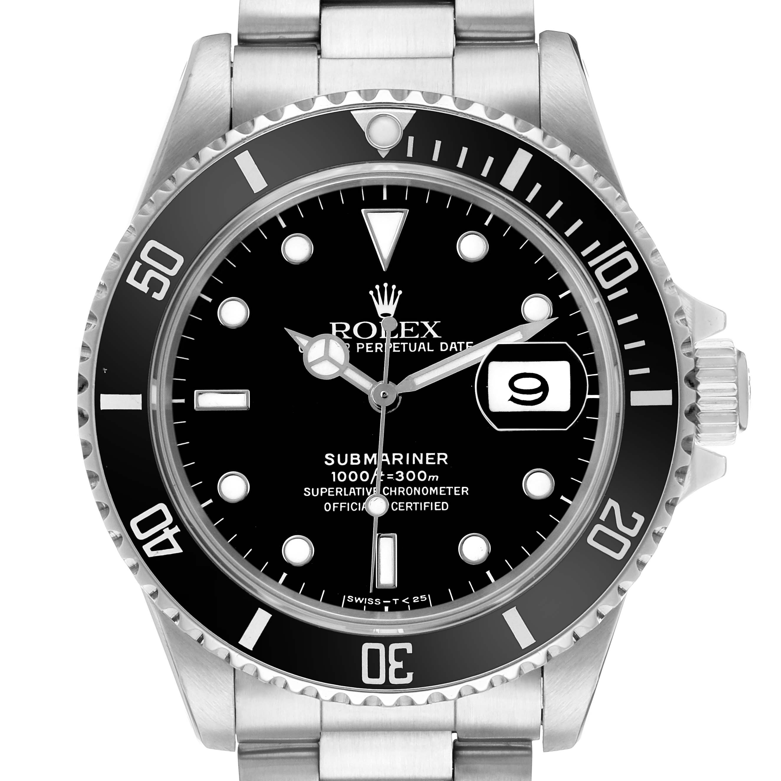 The image shows a front view of a Rolex Submariner 16610 Men's Stainless Steel Black Dial watch, highlighting the dial, bezel, and bracelet.